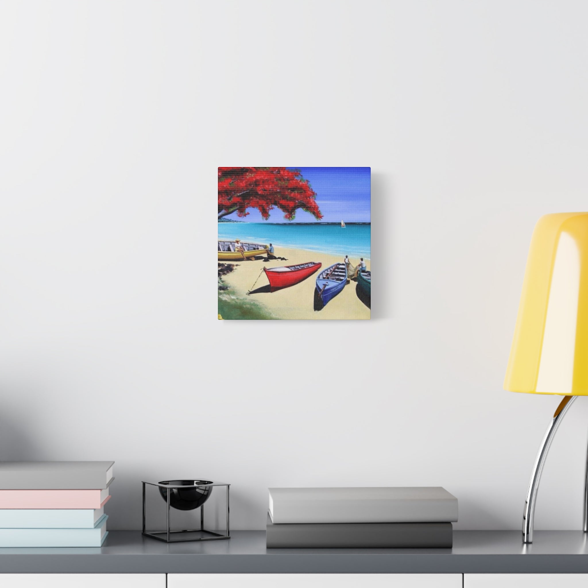 Beach Canoes Canvas Wall Art Tropical Seaside Landscape Matte Stretched Canvas