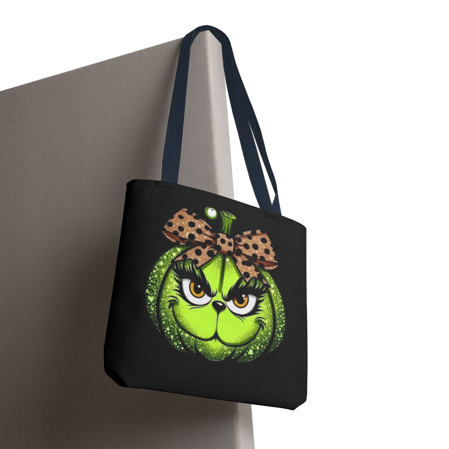 Grinch-Inspired Tote Bag with Polka Dot Bow Christmas Tote Bag Festive Holiday Design