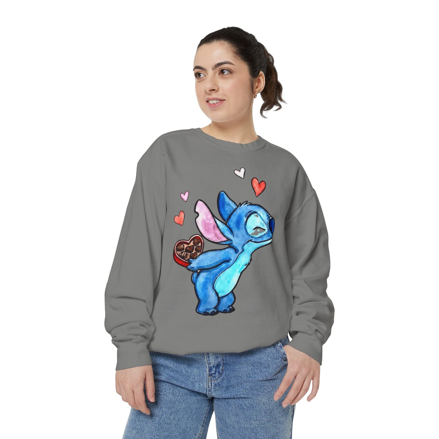 Stitch Valentine Sweatshirt — Cute Blue Alien with Hearts & Chocolate Pocket
