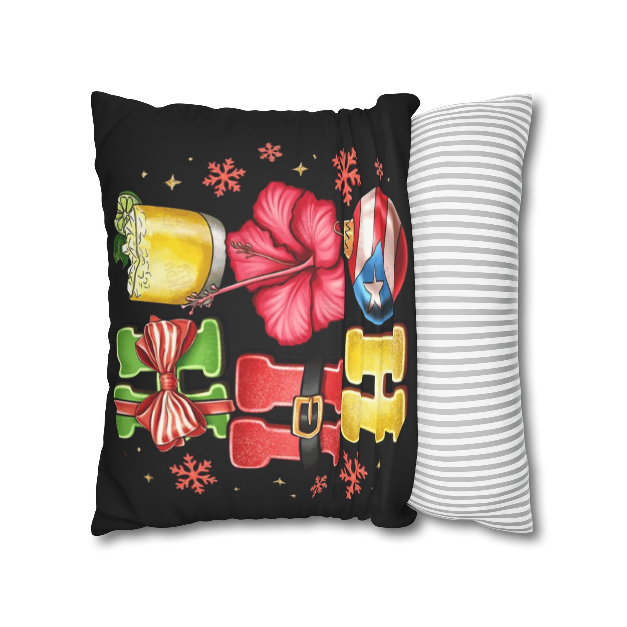 Holiday HOHO Pillow Cover  Puerto Rico Ornament, Hibiscus & Coquito Christmas Throw Pillowcase