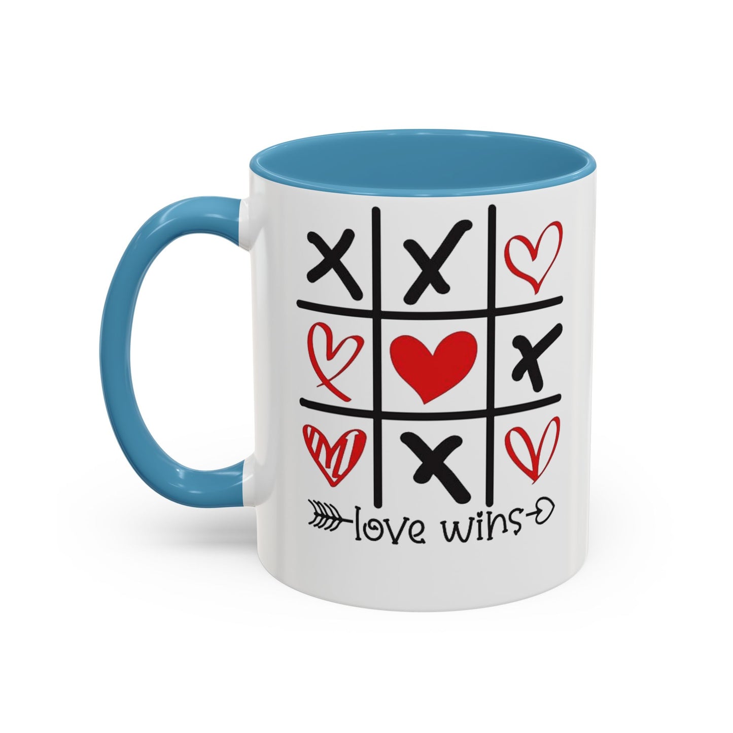 Love Wins Tic-Tac-Toe Heart Accent Coffee Mug — Romantic Valentine 11/15oz