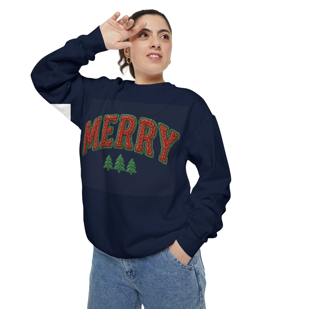 Merry Holiday Sweatshirt — Cozy Christmas Pullover with Tree Graphics Festive Holiday Designs