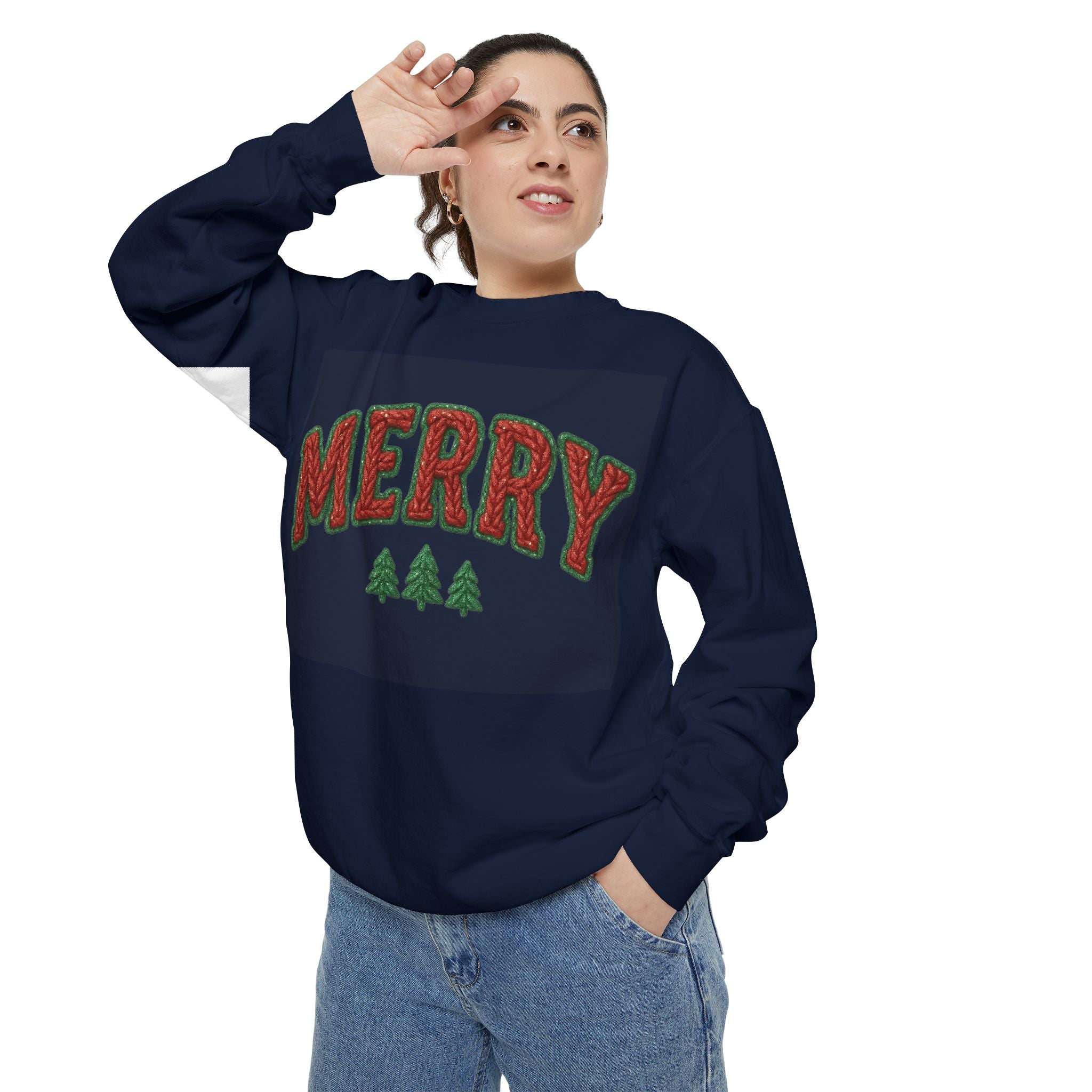 Merry Holiday Sweatshirt — Cozy Christmas Pullover with Tree Graphics Festive Holiday Designs