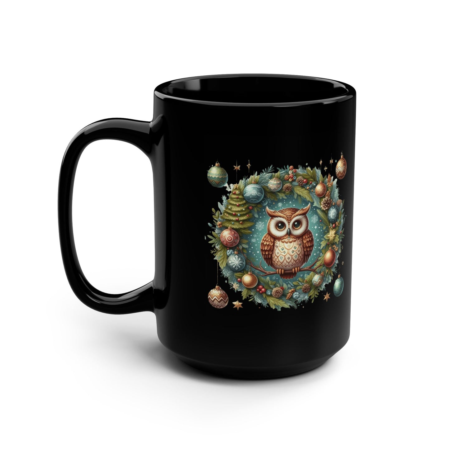 Fun Celebration Mug Coffee Cup for Special Moments & Positive Vibes Festive Owl Holiday Mug - 15oz Black Ceramic Coffee Cup