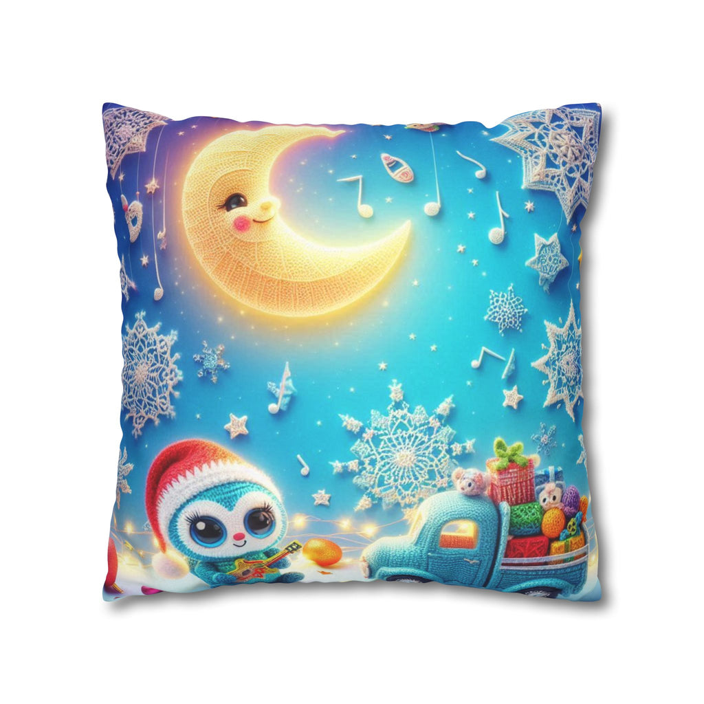 Whimsical Moon & Penguin Holiday Pillowcase  Faux Suede Square Throw Pillow