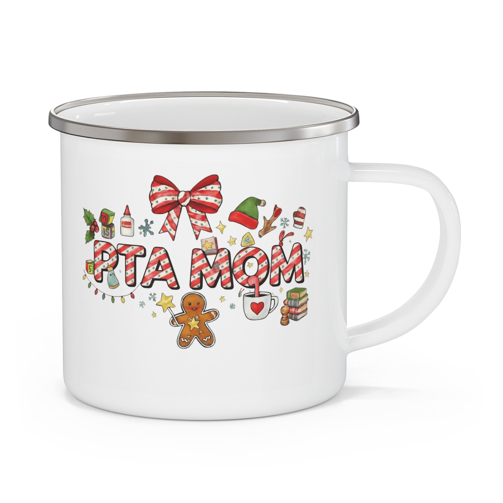 Enamel Mug "PTA Mom" Holiday Camping Coffee Cup Christmas Candy Cane Design School Staff Christmas Mug Collection
