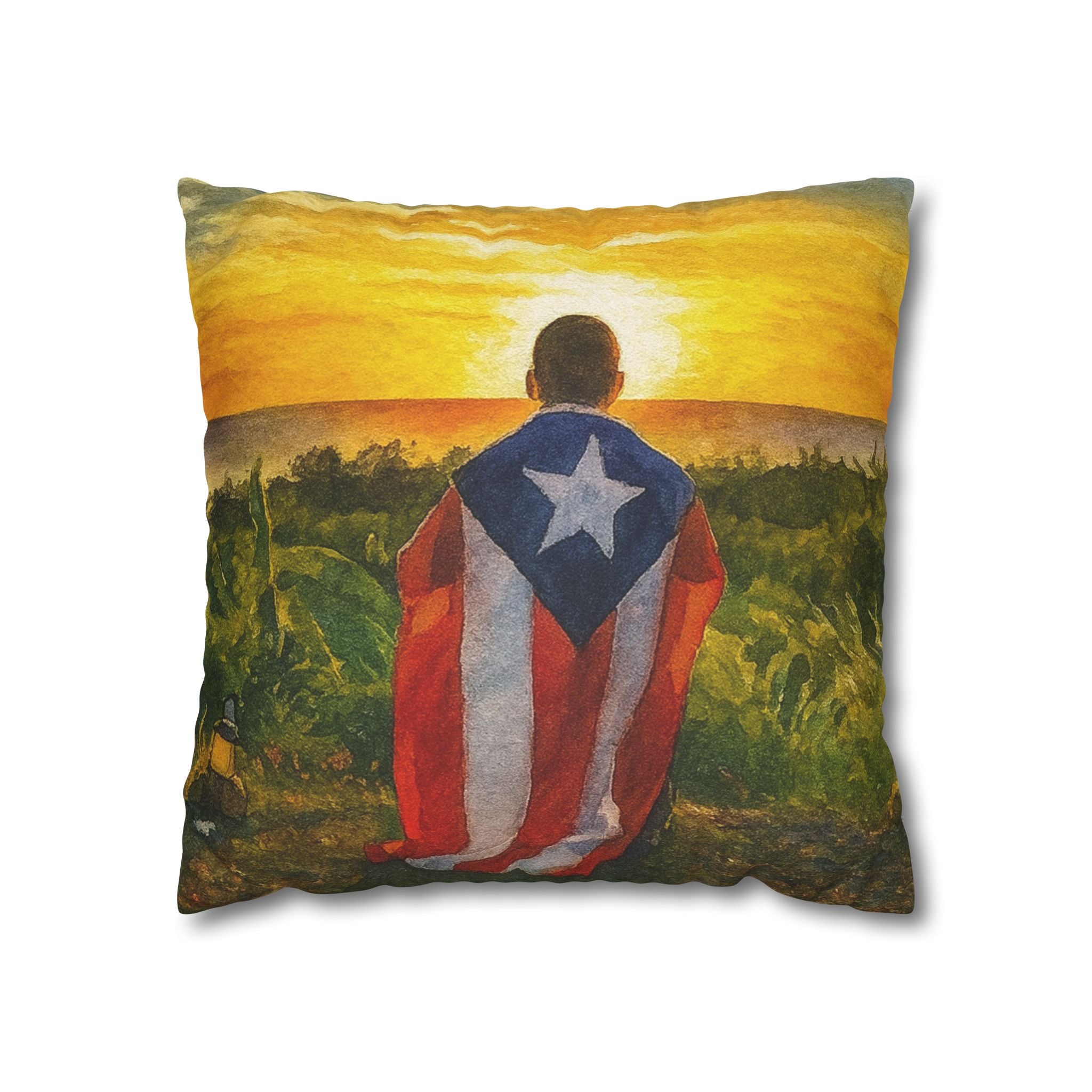 Puerto Rican Flag Sunset Pillowcase  Boy Draped in Puerto Rico Flag Decorative Throw Pillow Puerto Rico Culture Pillow