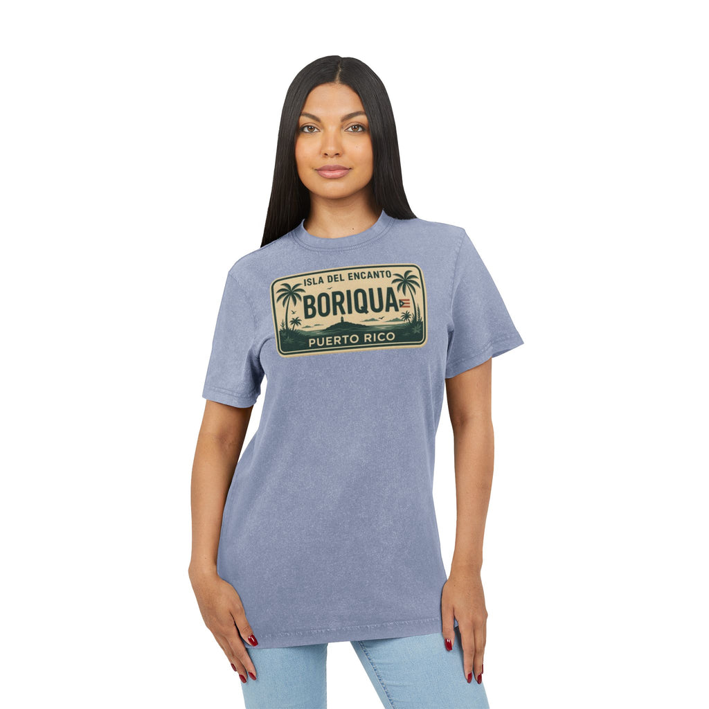 Boriqua Puerto Rico Vintage Acid-Wash Tee  Isla del Encanto License Plate Design