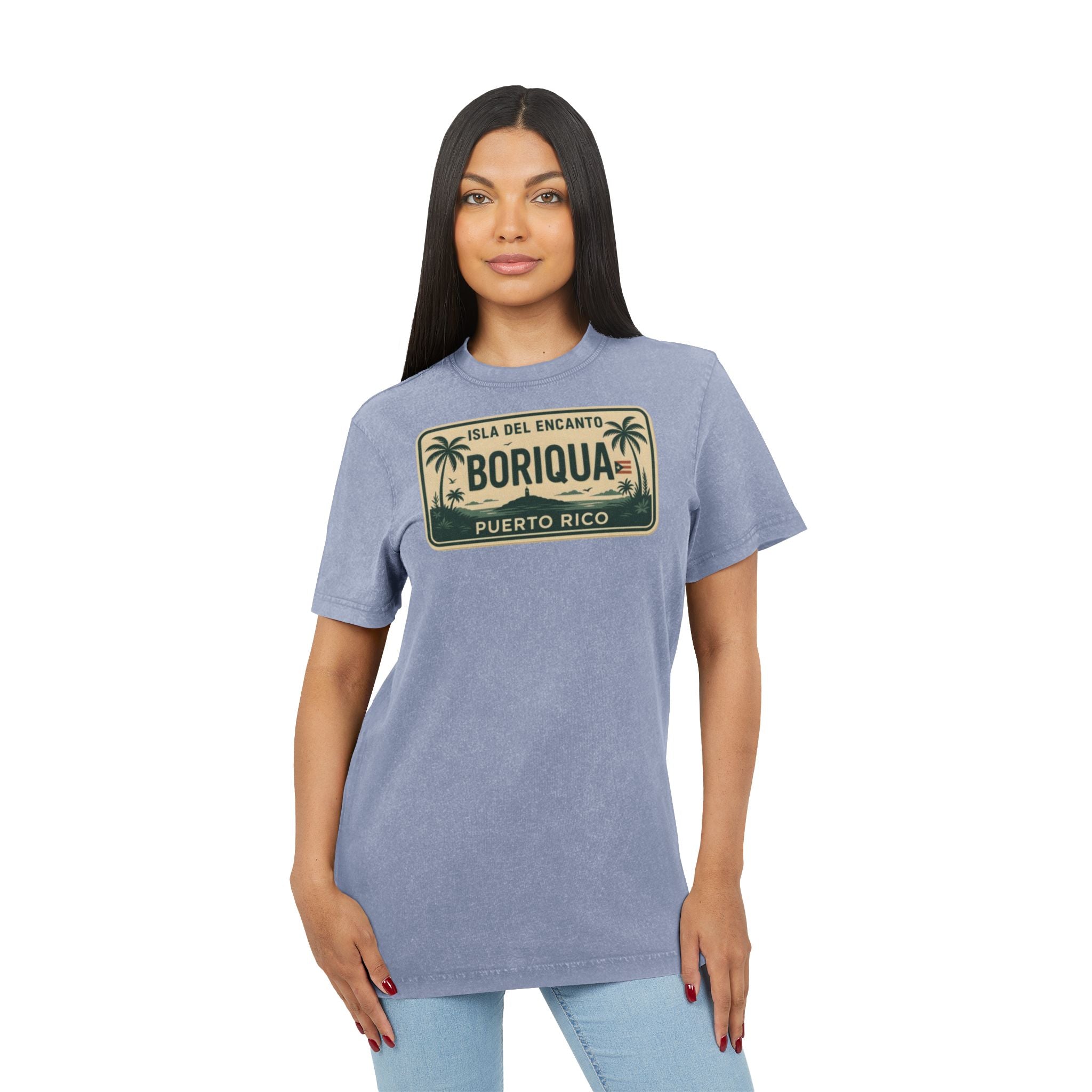 Boriqua Puerto Rico Vintage Acid-Wash Tee  Isla del Encanto License Plate Design