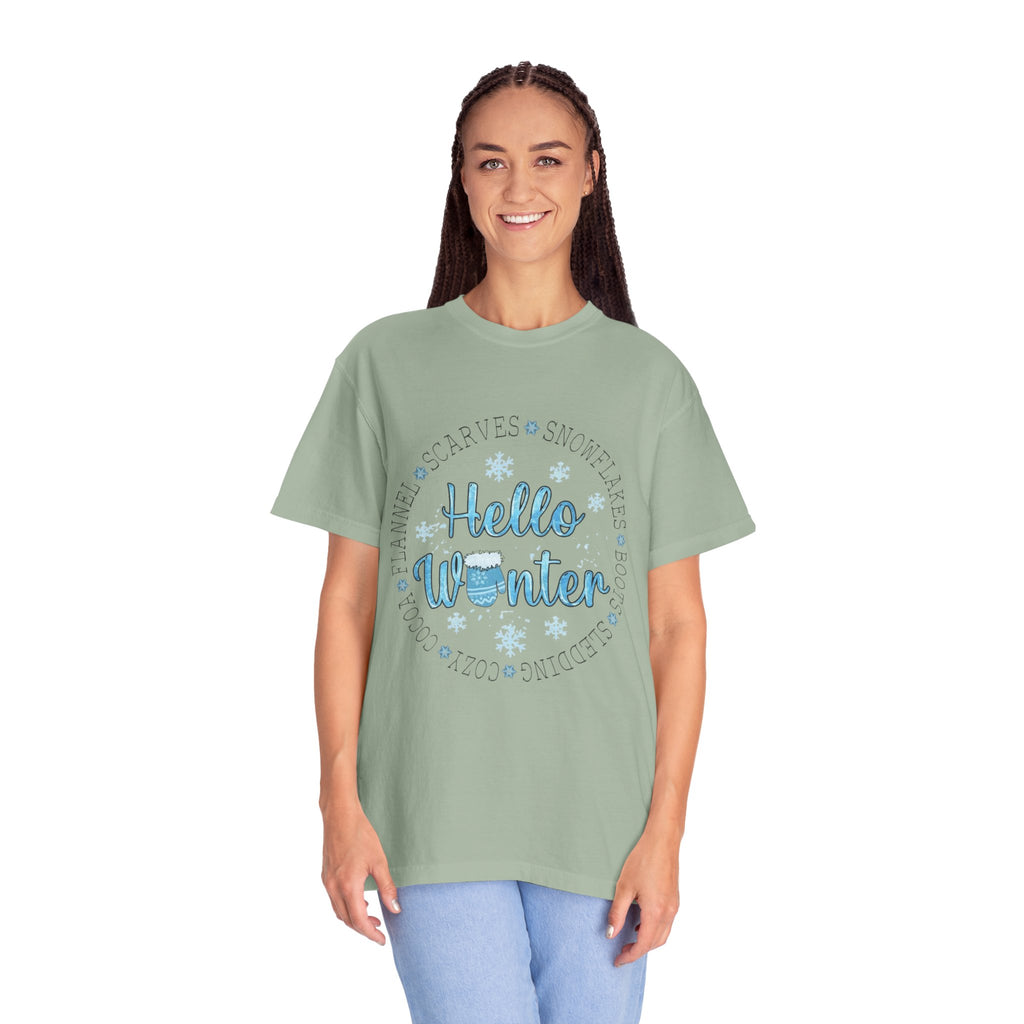 Hello Winter T‑Shirt  Cozy Snowflake Holiday Tee Christmas T-Shirts and Sweatshirts Collection