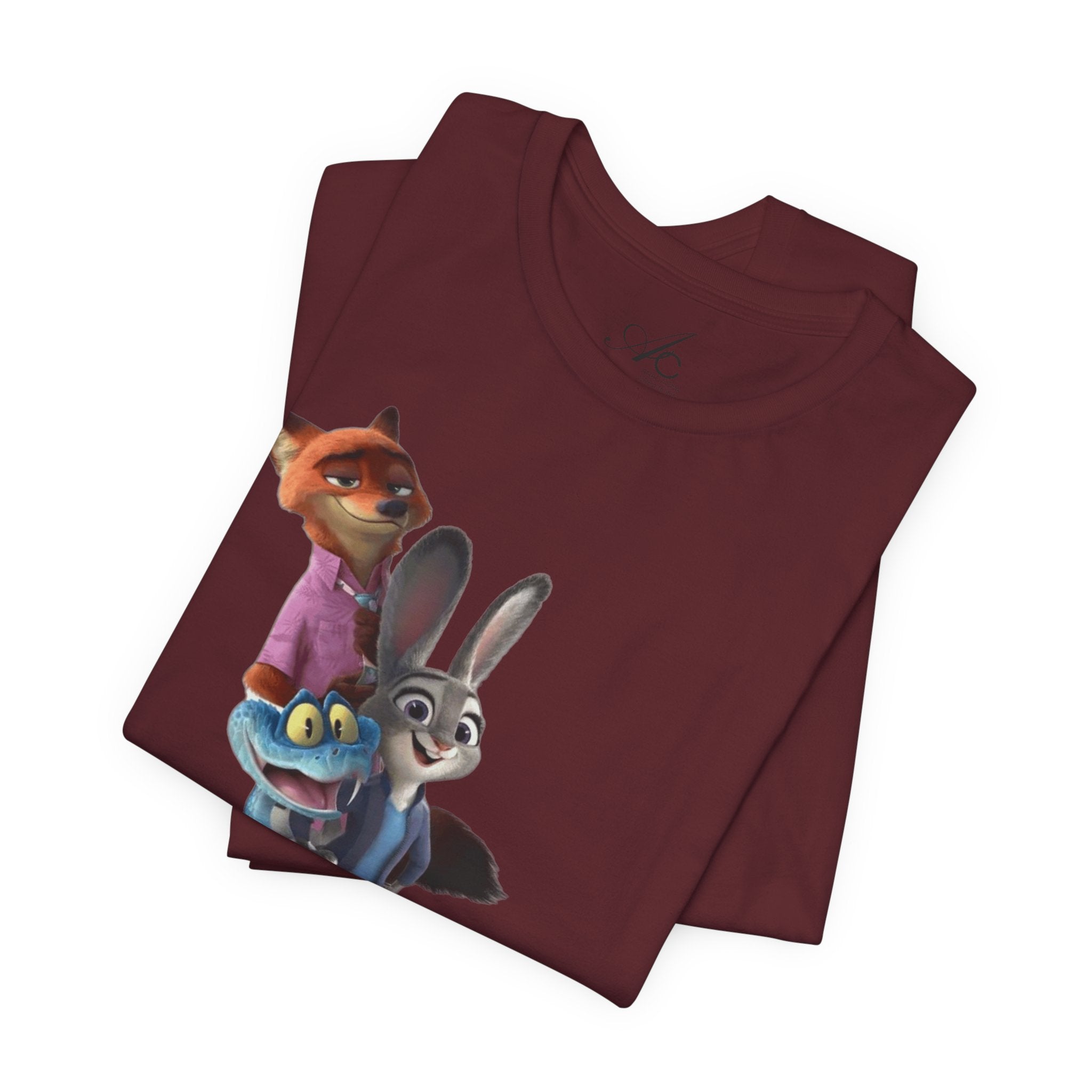 Animated Character Tee — Cute Fox & Bunny Stack Graphic T-Shirt  cartoon-style Christmas artwork