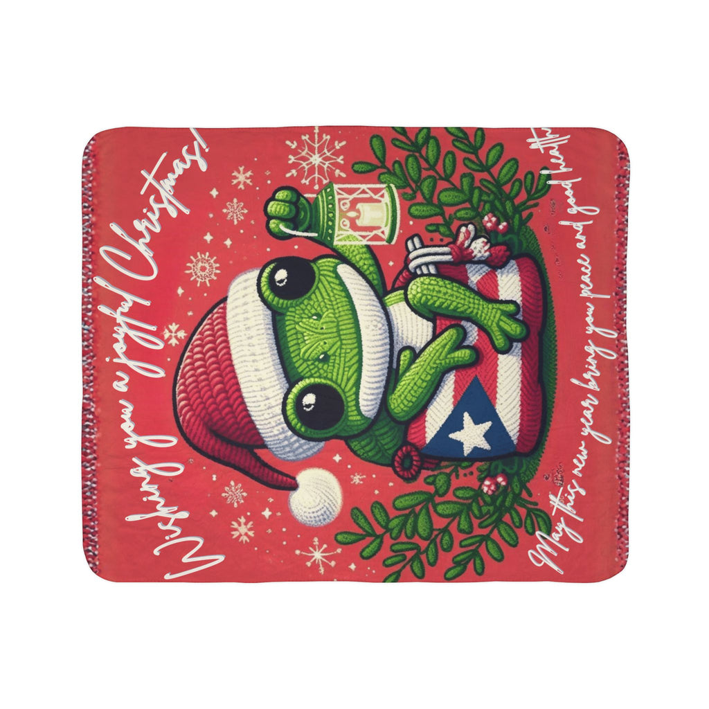 Puerto Rico Design Blanket Christmas Frog Sherpa Blanket – Holiday Cozy Throw with 'Wishing You a Joyful Christmas' Design