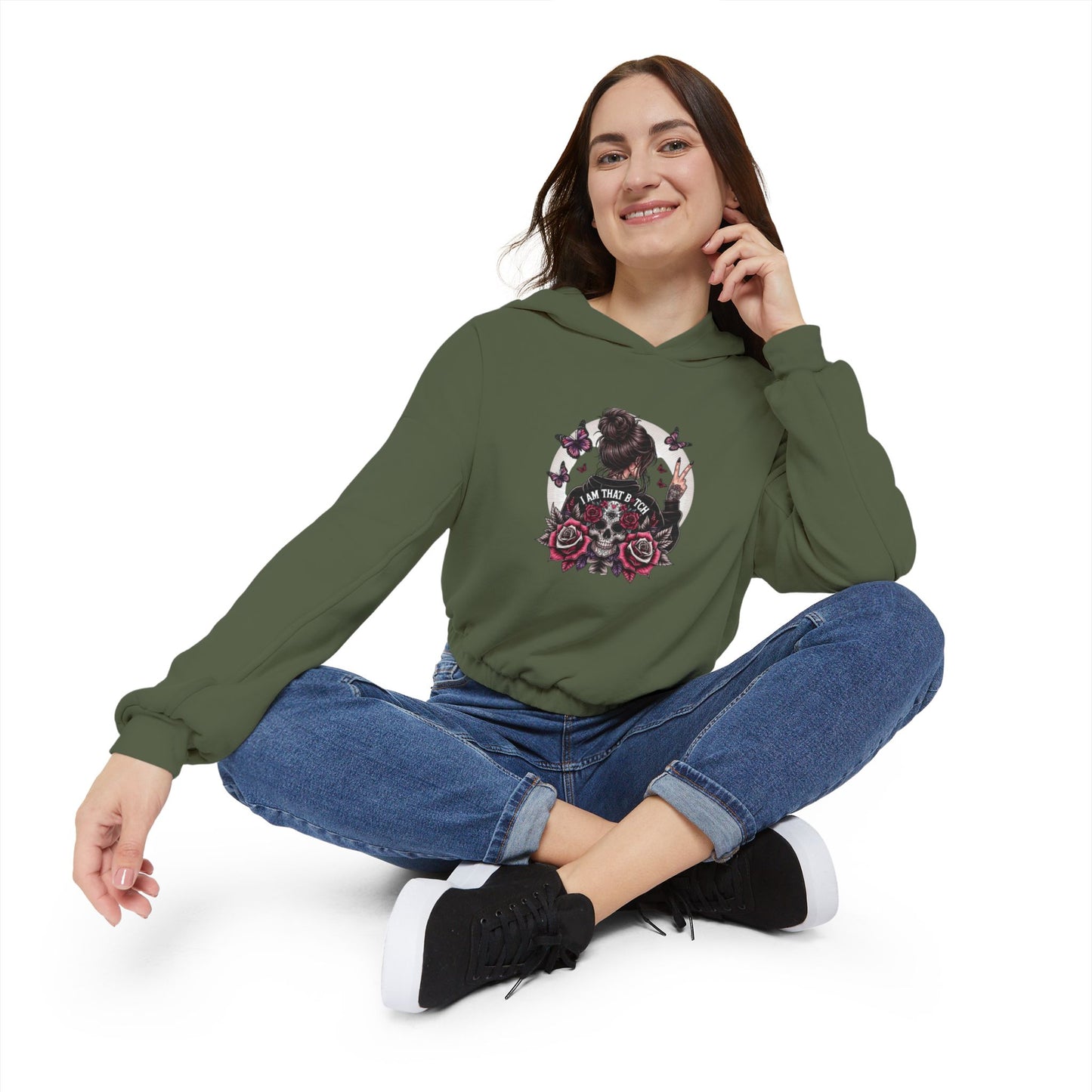 Too Cool to Be Cold” Funny SweaterStylish Women's Cinched Bottom Hoodie with Floral Design, Cozy Hoodie, Casual Fashion, Gift for Her, Everyday Wear