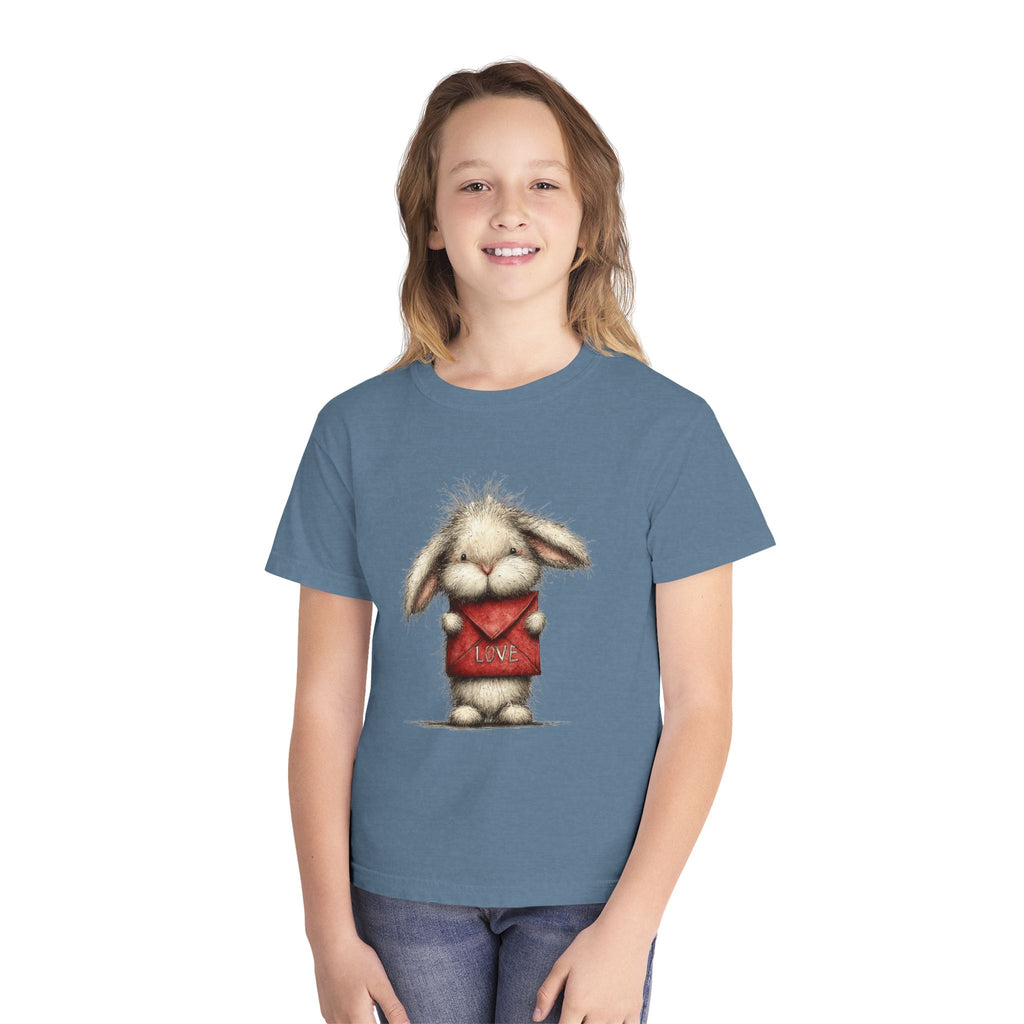 Kids Tee  Cute Bunny Holding "Love" Heart Graphic (Youth Midweight)
