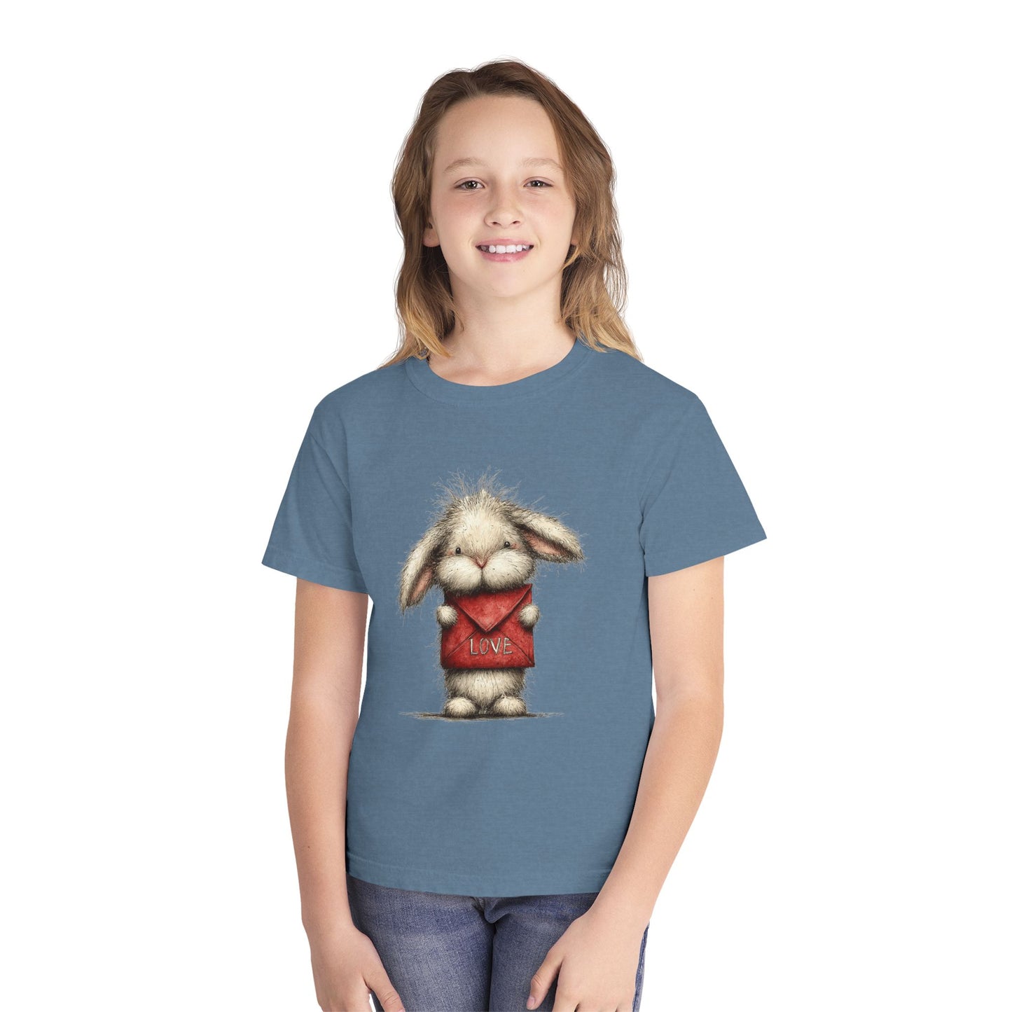 Kids Tee  Cute Bunny Holding "Love" Heart Graphic (Youth Midweight)
