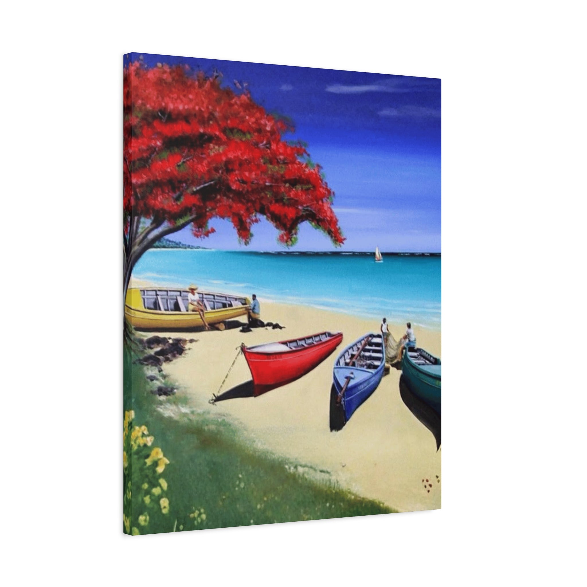 Beach Canoes Canvas Wall Art Tropical Seaside Landscape Matte Stretched Canvas