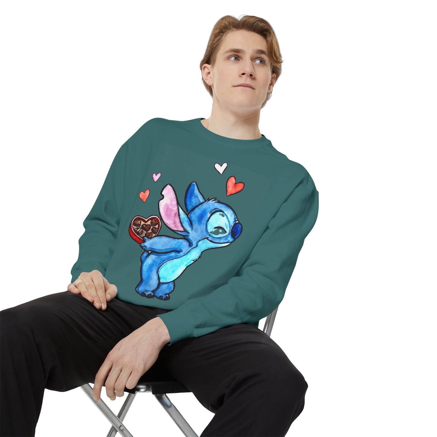 Stitch Valentine Sweatshirt — Cute Blue Alien with Hearts & Chocolate Pocket
