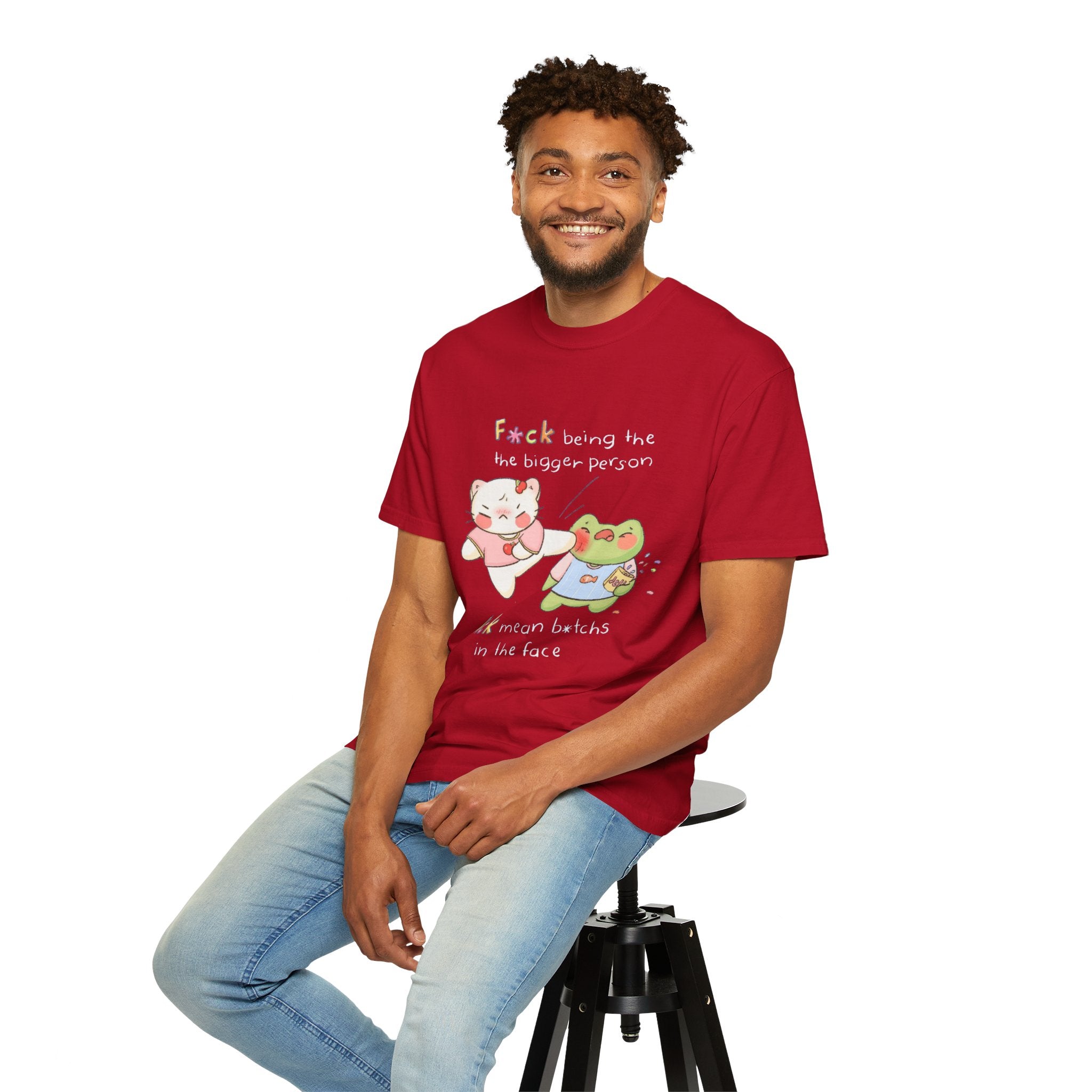 Graphic T-Shirt  Cute Kicking Cat & Frog with 'F*ck Being The Bigger Person' Slogan
