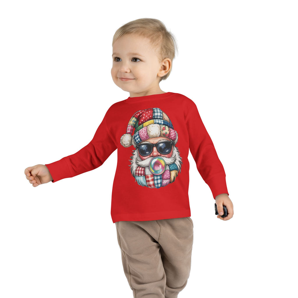 Toddler Long Sleeve Tee  Cool Santa with Patchwork Hat & Bubblegum Graphic