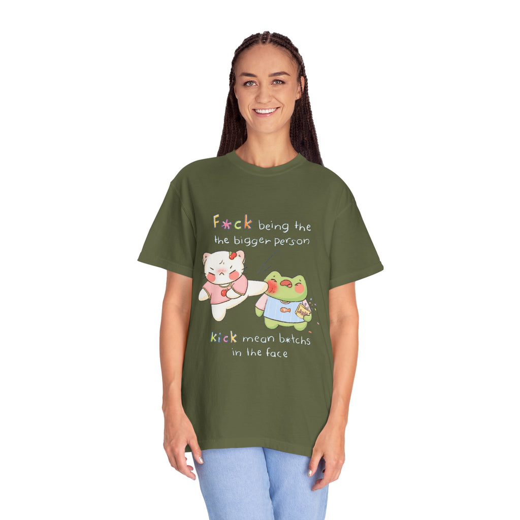 Graphic T-Shirt  Cute Kicking Cat & Frog with 'F*ck Being The Bigger Person' Slogan