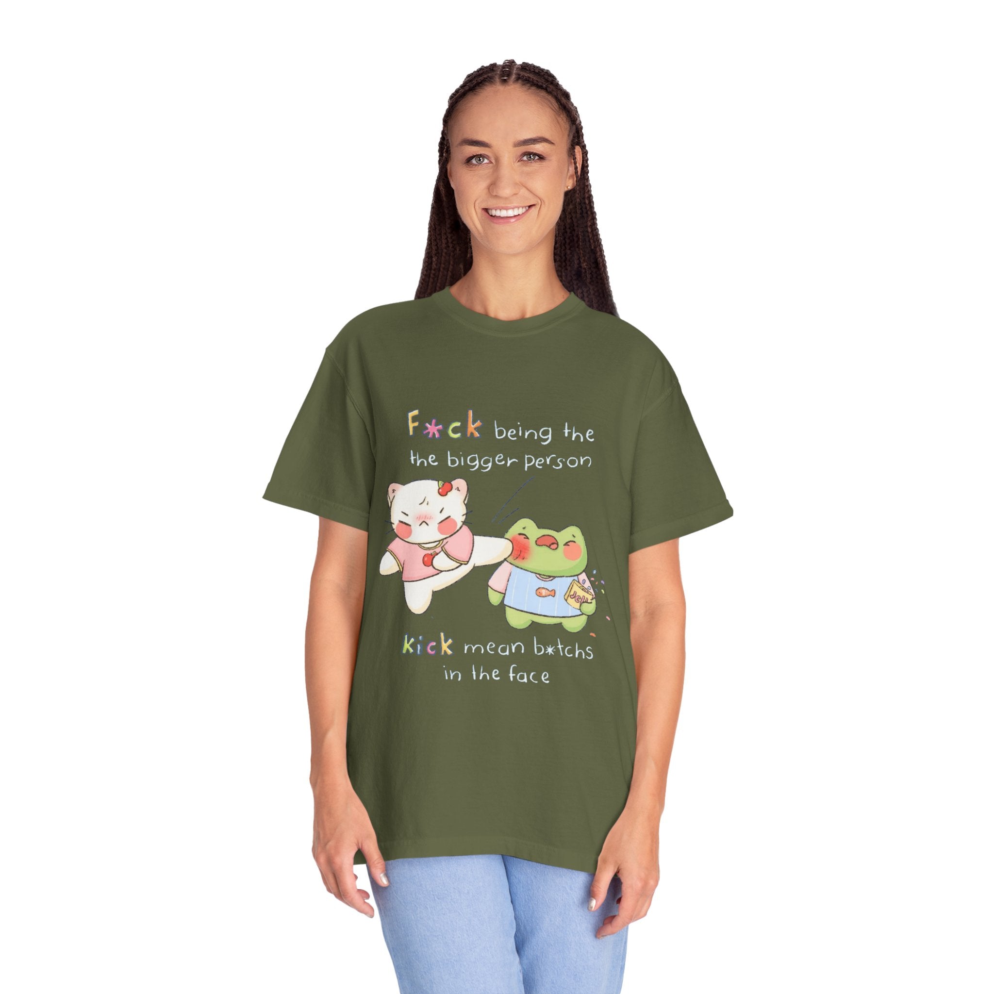Graphic T-Shirt  Cute Kicking Cat & Frog with 'F*ck Being The Bigger Person' Slogan