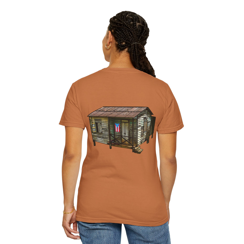 Puerto Rican Batey Cabin T-Shirt  Three Masks & Rustic House Graphic Tee Puerto Rico Navidades