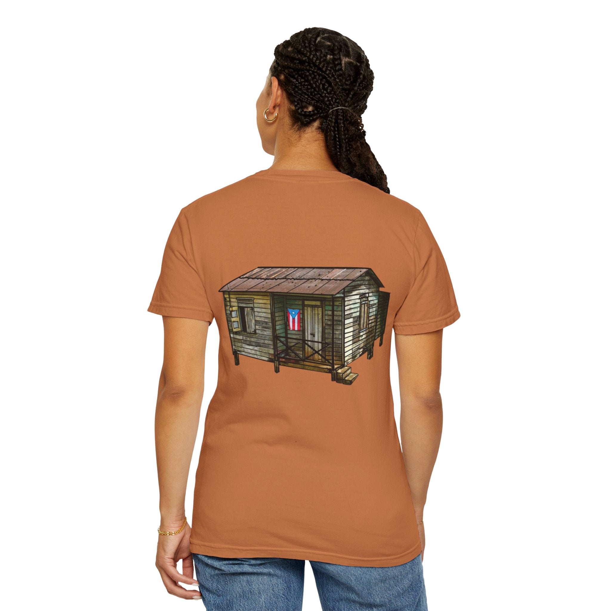 Puerto Rican Batey Cabin T-Shirt  Three Masks & Rustic House Graphic Tee Puerto Rico Navidades