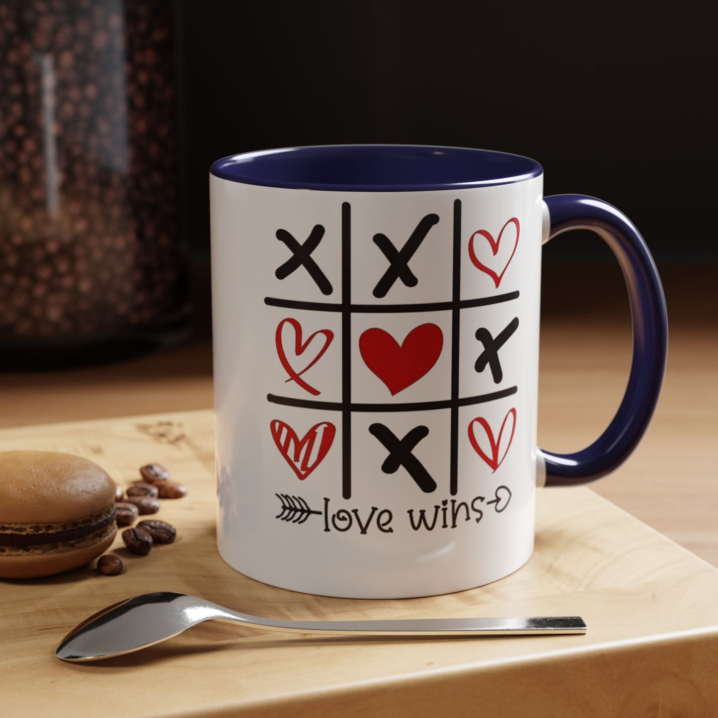 Love Wins Tic-Tac-Toe Heart Accent Coffee Mug — Romantic Valentine 11/15oz