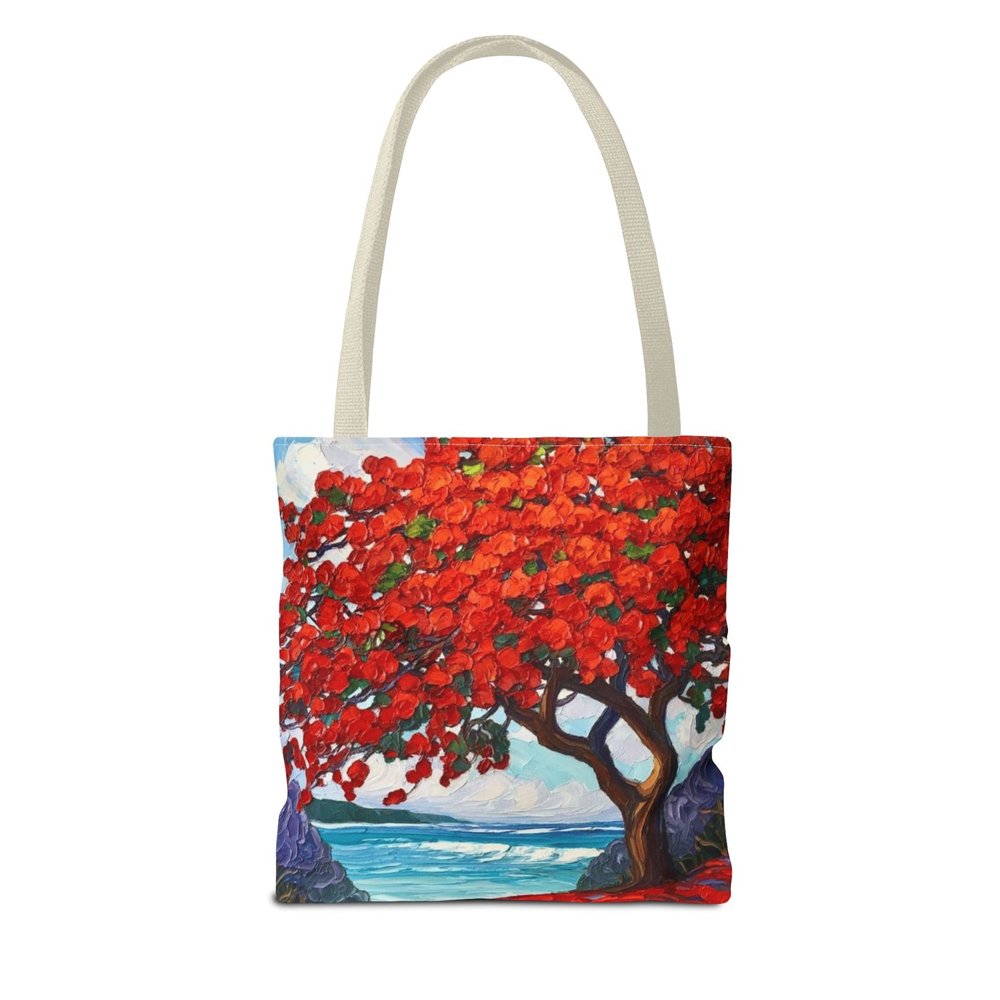 Red Blossom Beach Tote - Tropical Tree Art All-Over Print Tote Bag Crochet-Decorated Tote Bags