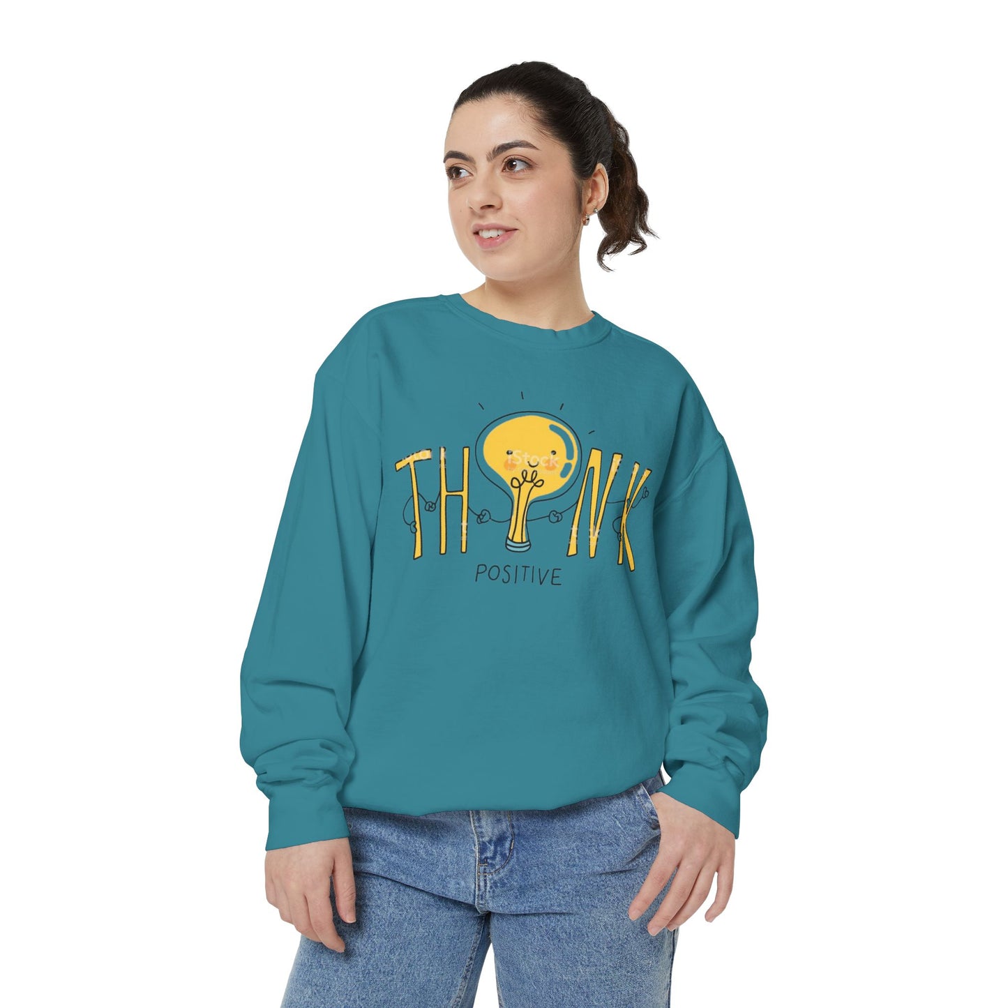 Think Positive Sweatshirt  Cute Lightbulb Graphic Positive Vibes Crewneck