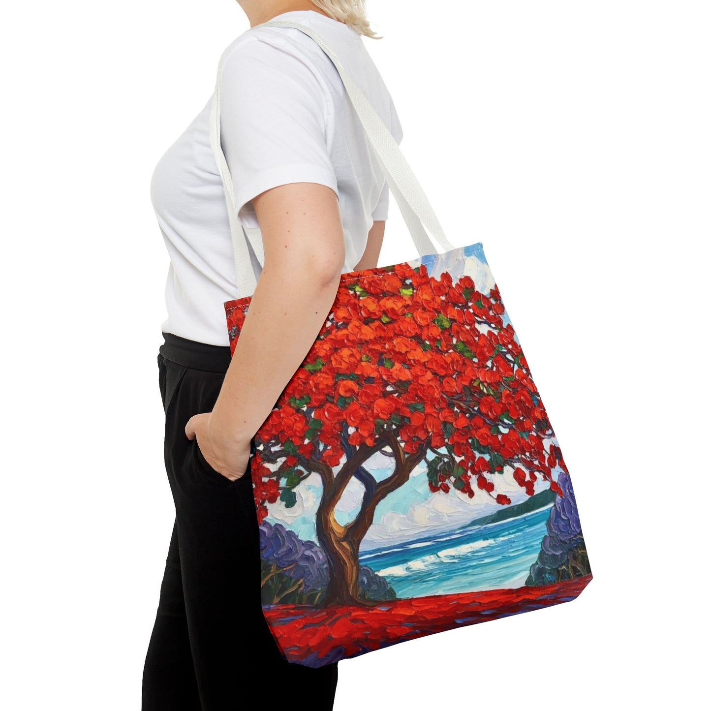Red Blossom Beach Tote - Tropical Tree Art All-Over Print Tote Bag Crochet-Decorated Tote Bags