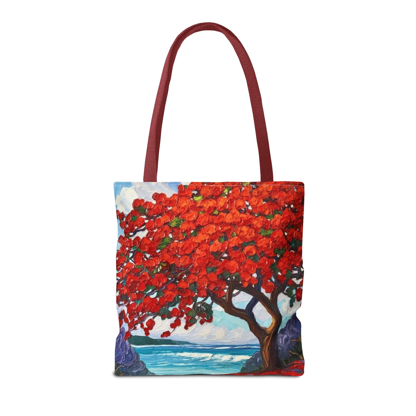 Red Blossom Beach Tote - Tropical Tree Art All-Over Print Tote Bag Crochet-Decorated Tote Bags