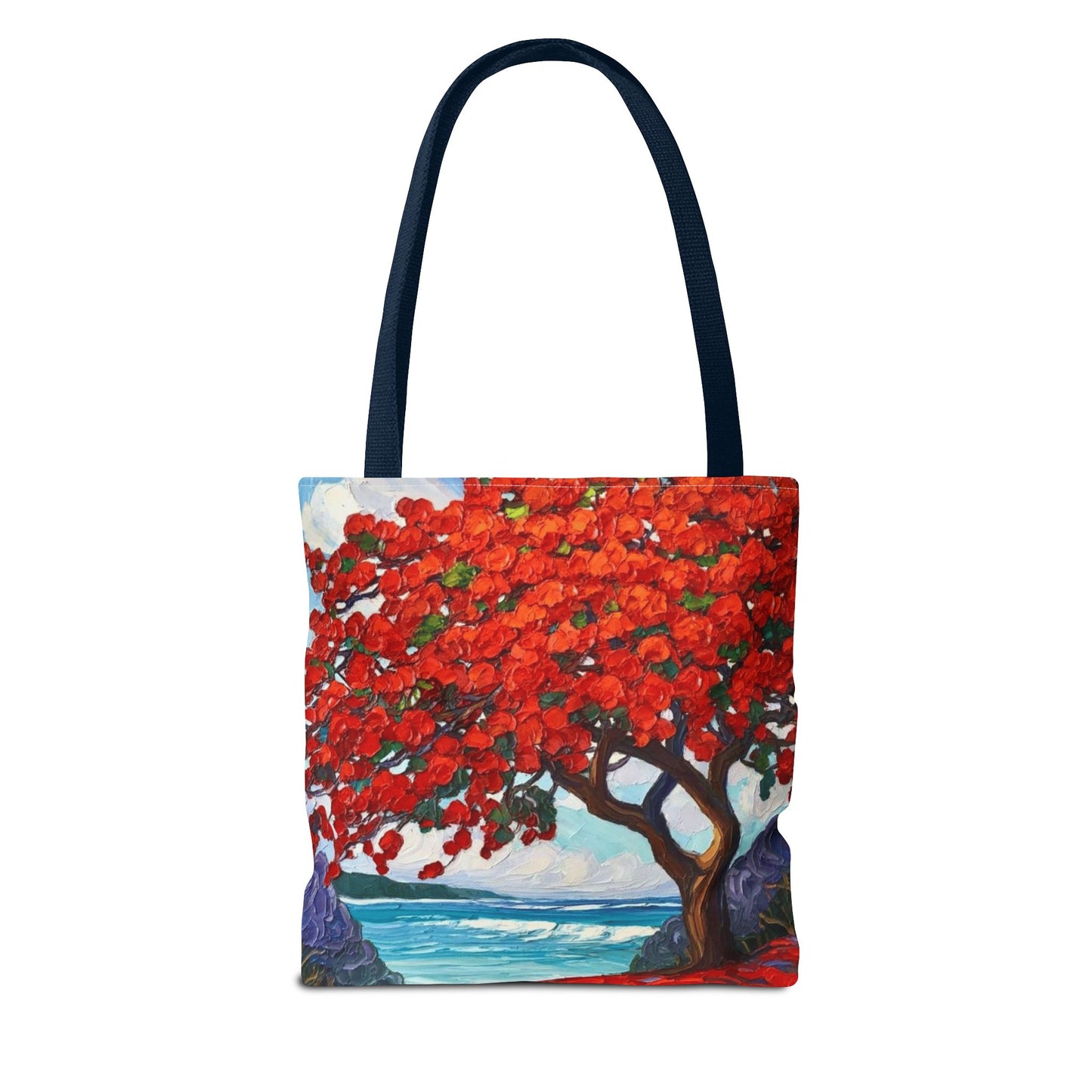 Red Blossom Beach Tote - Tropical Tree Art All-Over Print Tote Bag Crochet-Decorated Tote Bags