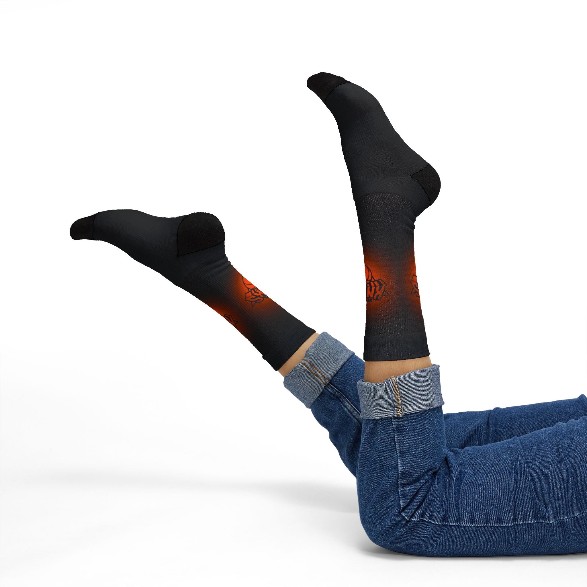 Basketball-Inspired Pattern Crew Socks — Retro Sports Sublimation Socks — Orange Gradient Crew Socks for Fans