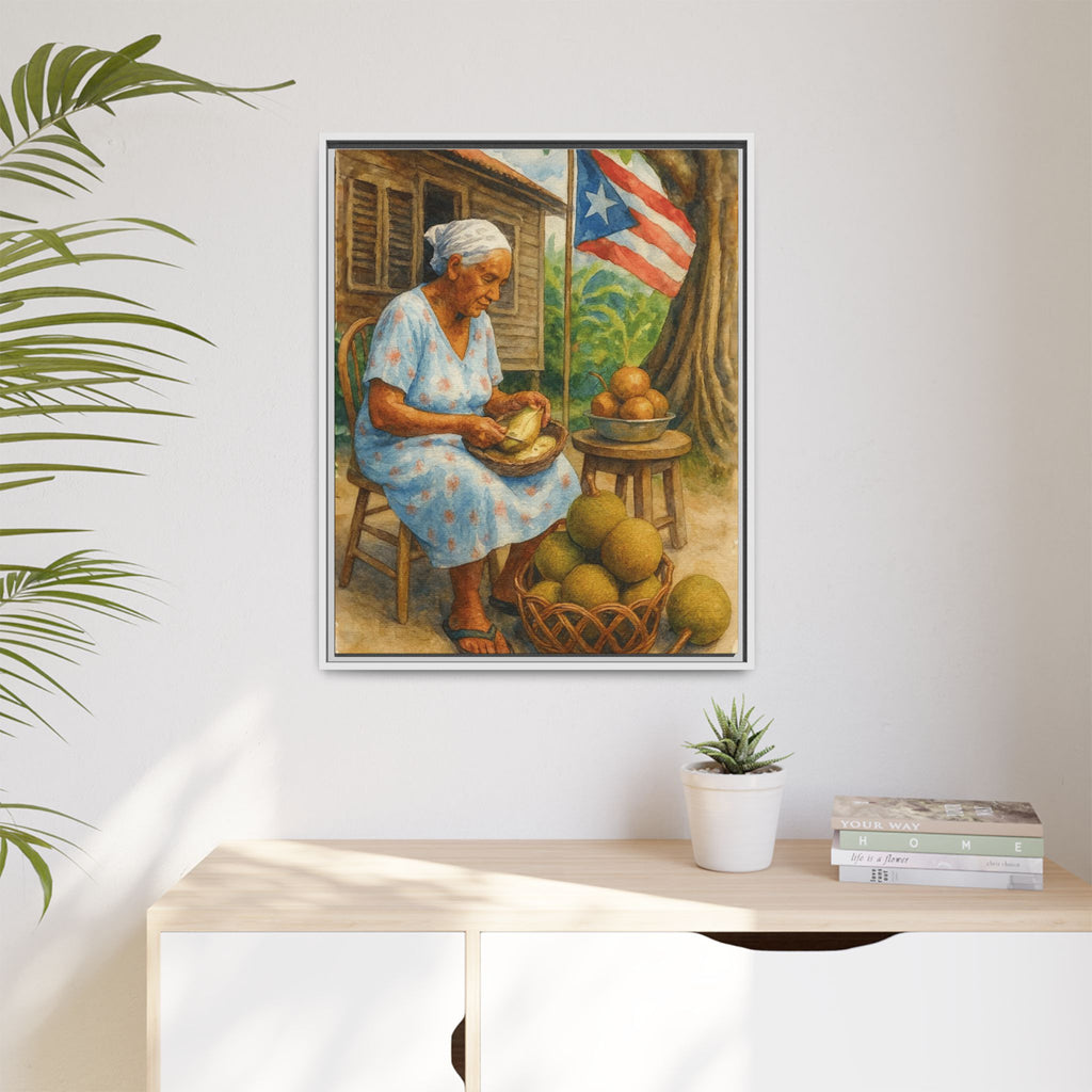 Cultural & Story-Driven These Puerto Rico inspired  Framed Matte Canvas Print  Woman Shelling Fruit Vintage Tropical Painting