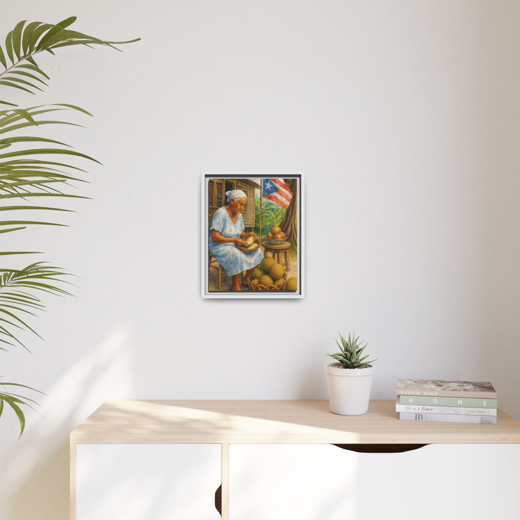 Cultural & Story-Driven These Puerto Rico inspired  Framed Matte Canvas Print  Woman Shelling Fruit Vintage Tropical Painting