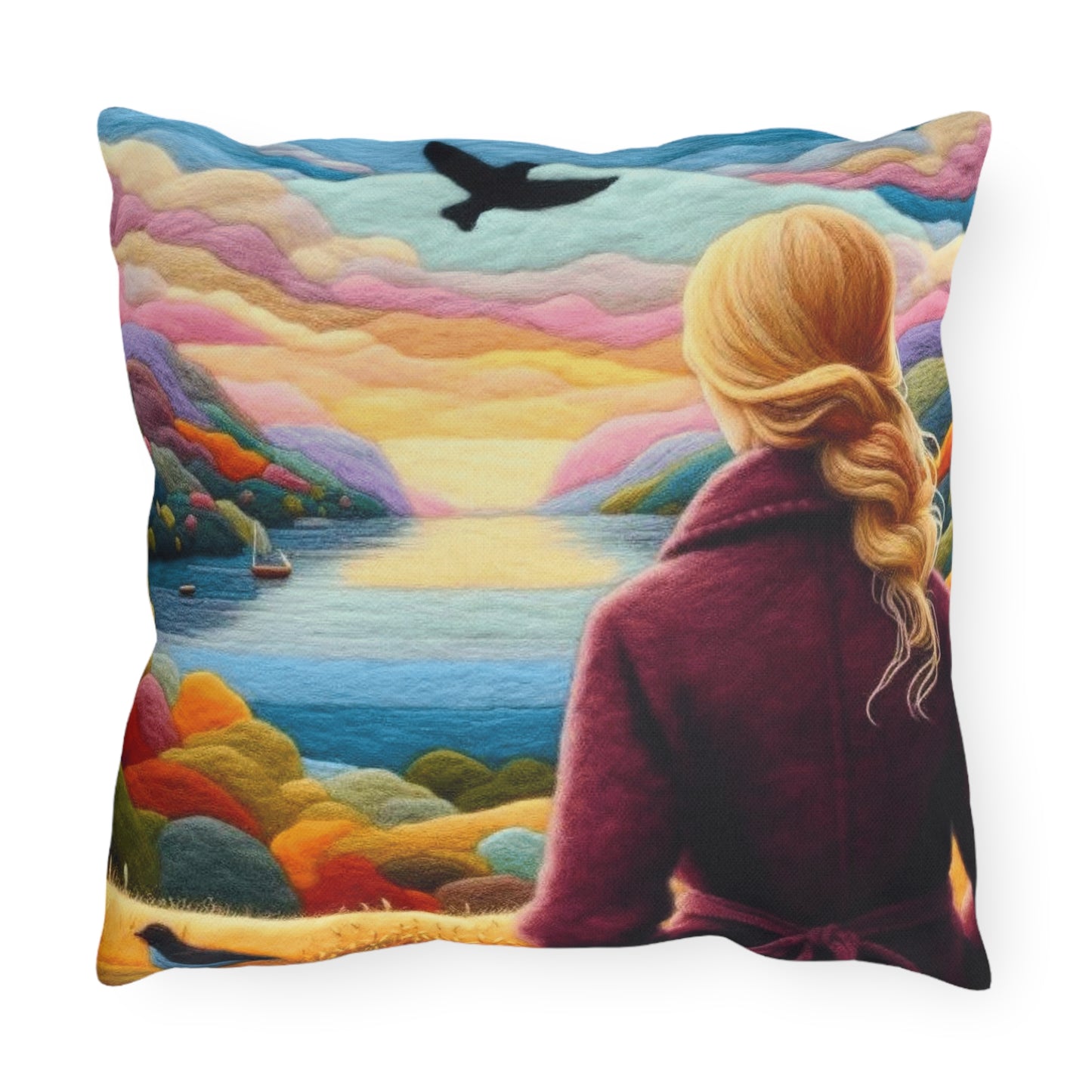 Scenic Lakeview Outdoor Pillow — Woman Overlooking Colorful Sunset Landscape