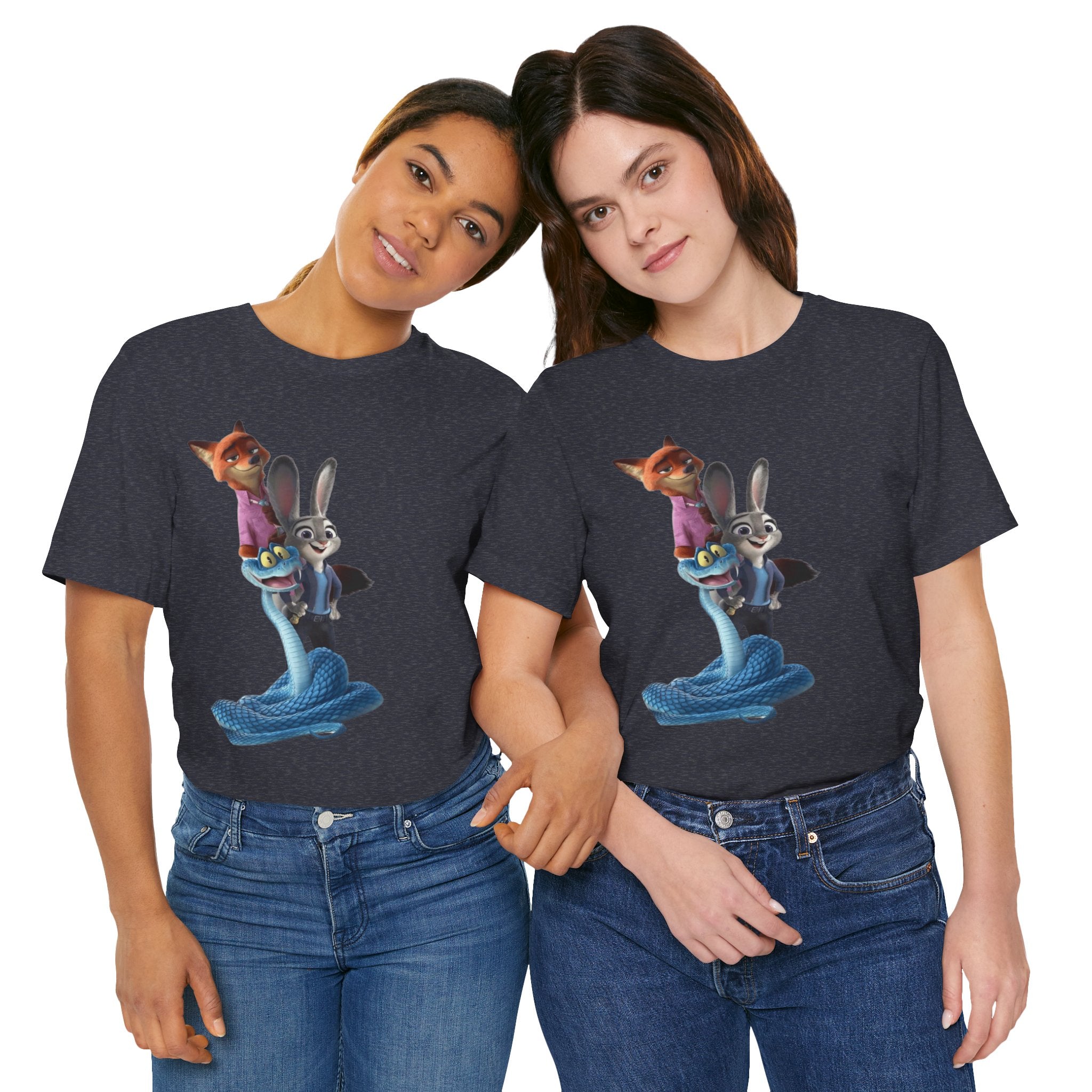 Animated Character Tee — Cute Fox & Bunny Stack Graphic T-Shirt  cartoon-style Christmas artwork