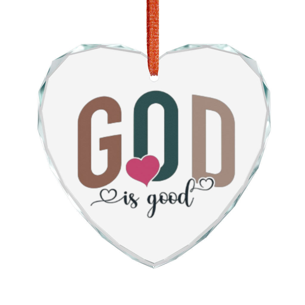 Crystal Heart Ornament — “God Is Good” Religious Glass Ornament (Heart with Pink Heart Accent)