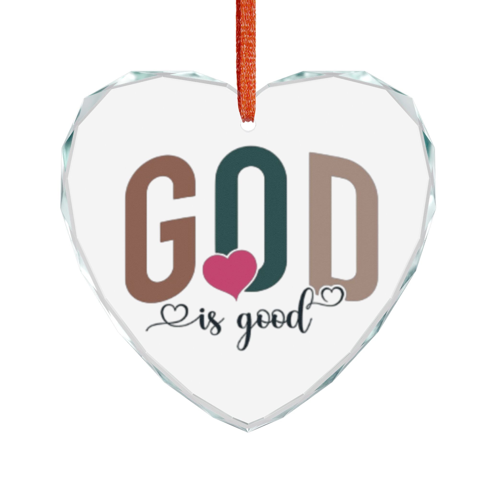 Crystal Heart Ornament — “God Is Good” Religious Glass Ornament (Heart with Pink Heart Accent)