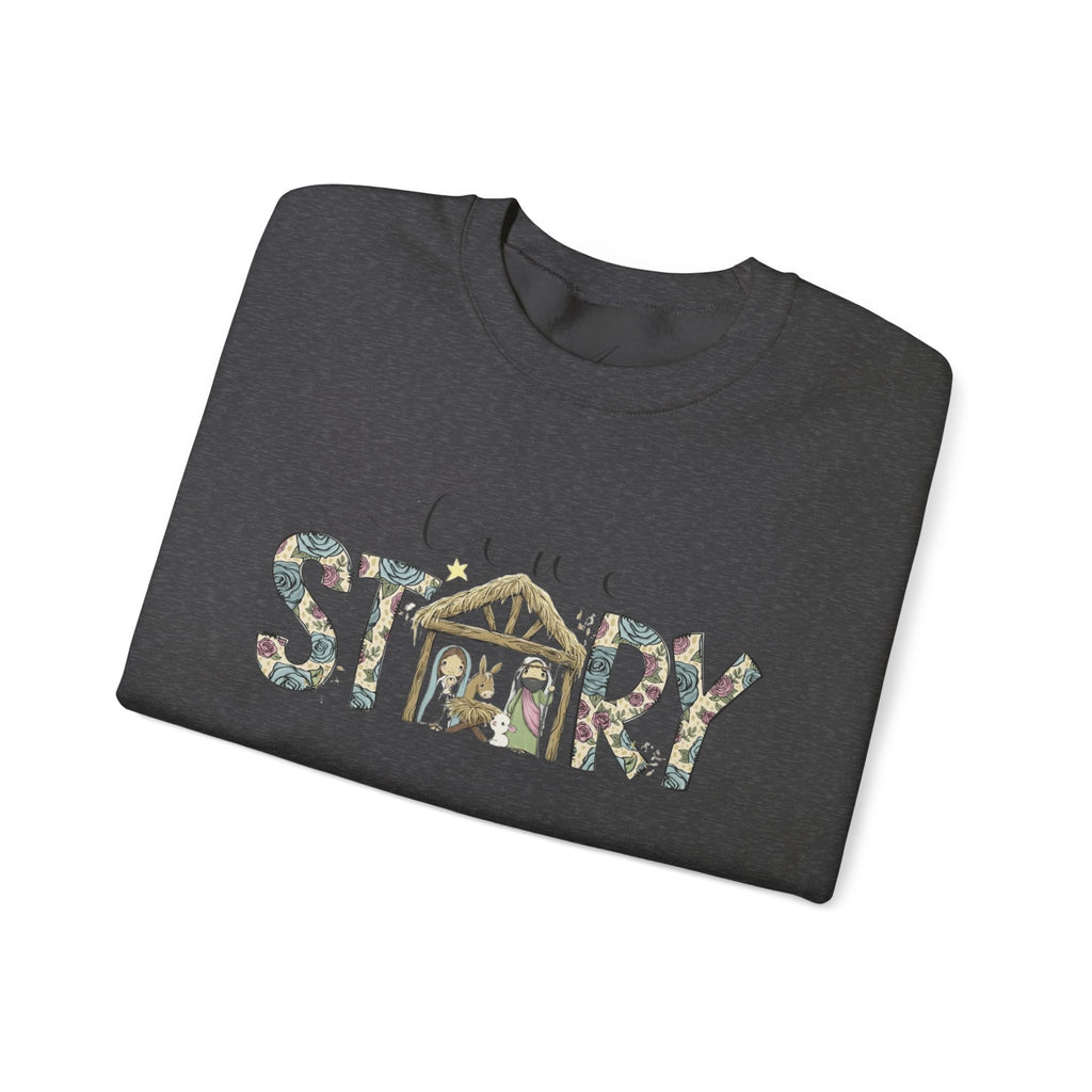 Crewneck Sweatshirt "Come Story" Floral Nativity Design  Cozy Christmas Pullover unique festive designs and joyful