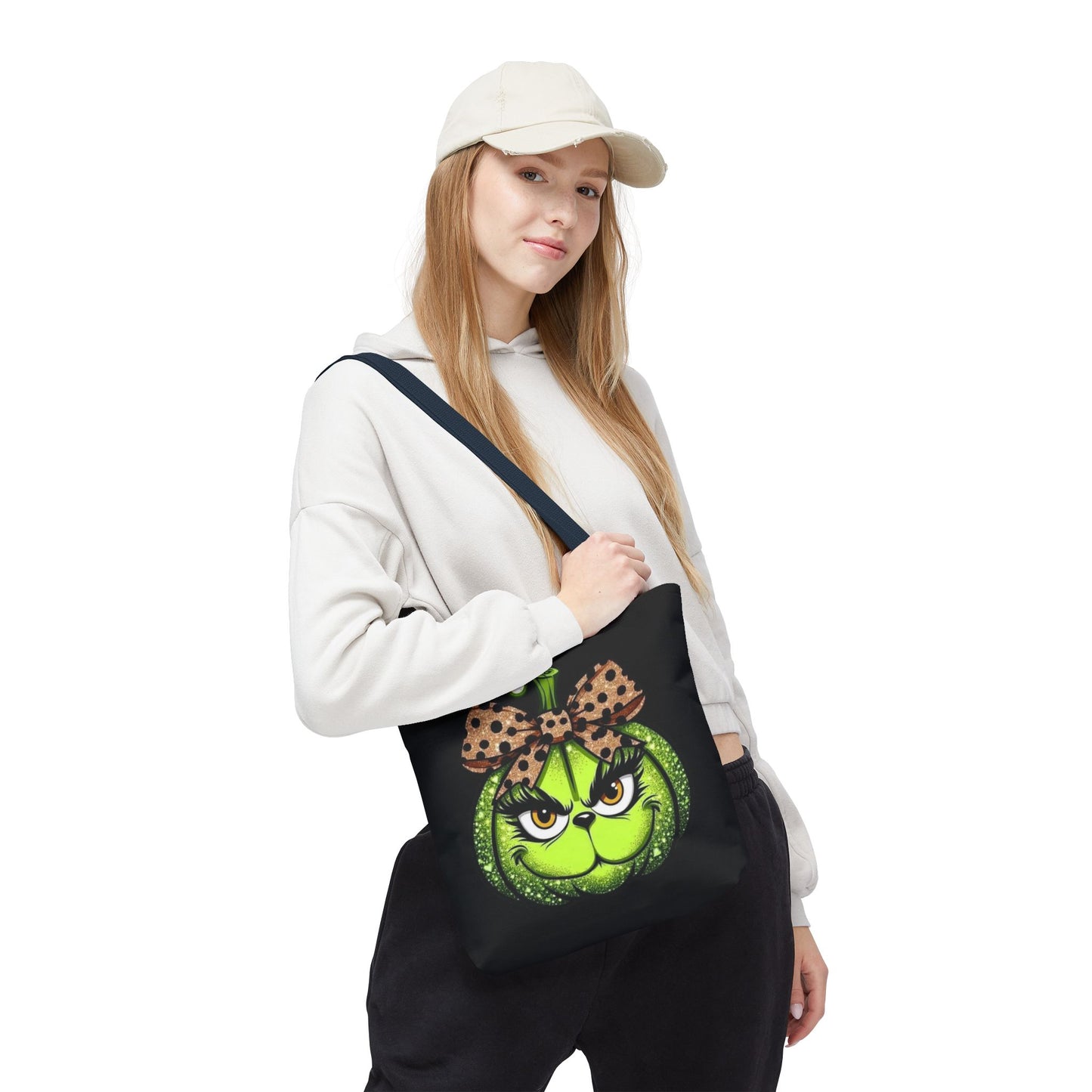 Grinch-Inspired Tote Bag with Polka Dot Bow Christmas Tote Bag Festive Holiday Design