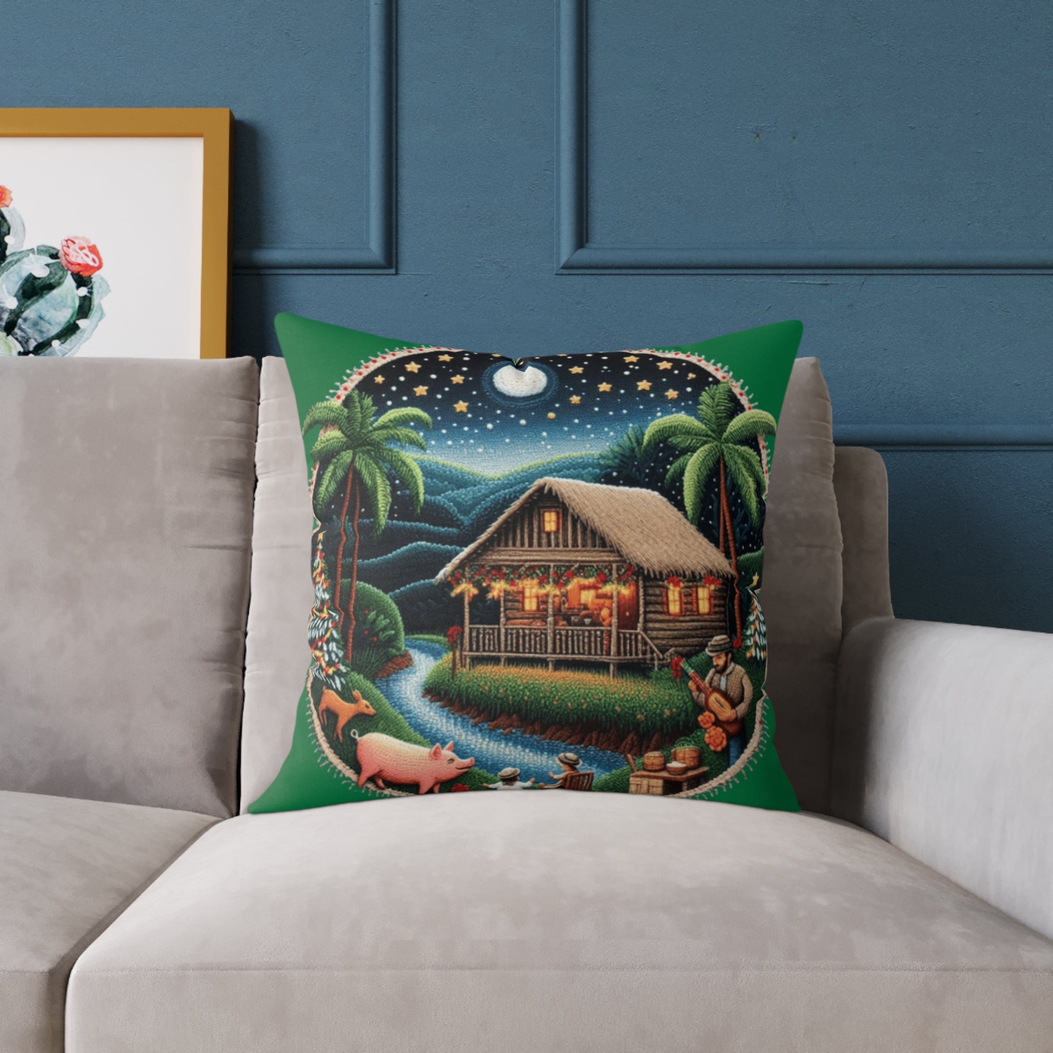 Island Night Cottage Pillow  Tropical Moonlit Cabin Throw Pillow Puerto Rico Culture Pillow