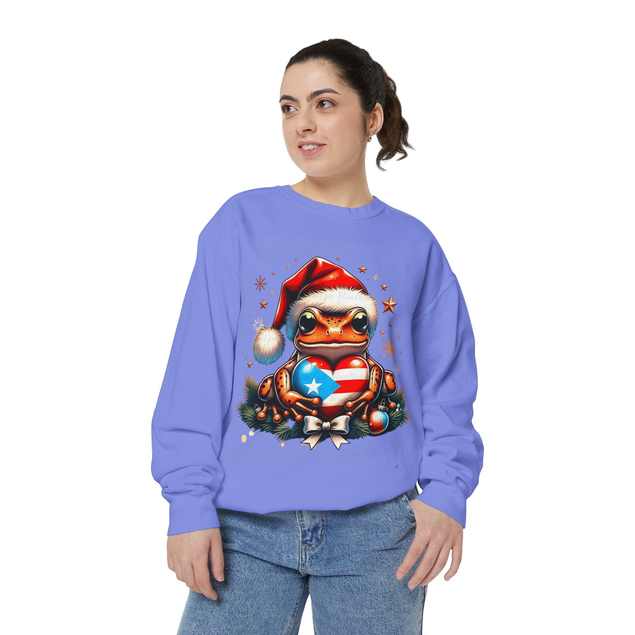 Christmas Coqui Sweatshirt — Cute Santa Frog Holding Ornament Holiday Sweater
