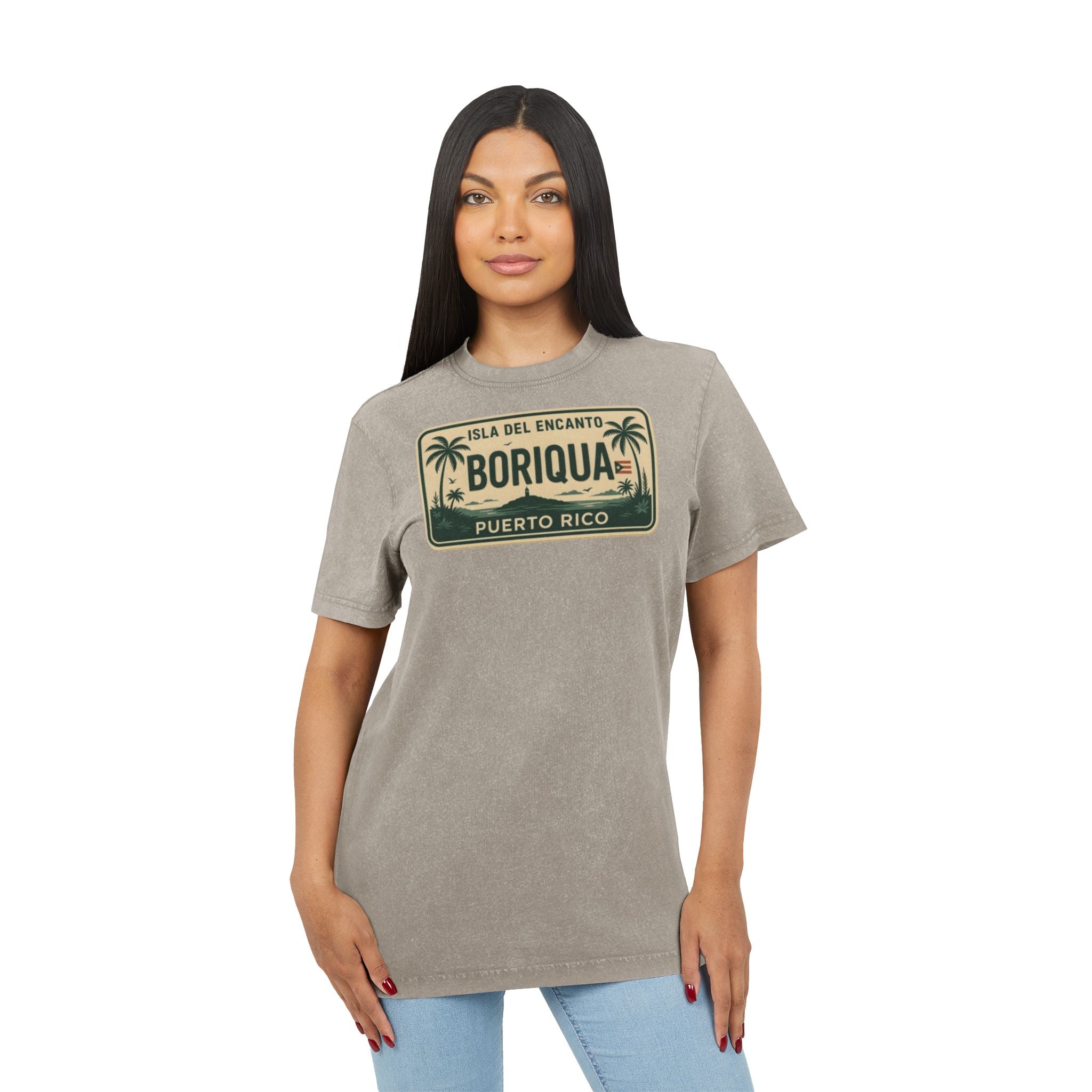 Boriqua Puerto Rico Vintage Acid-Wash Tee  Isla del Encanto License Plate Design