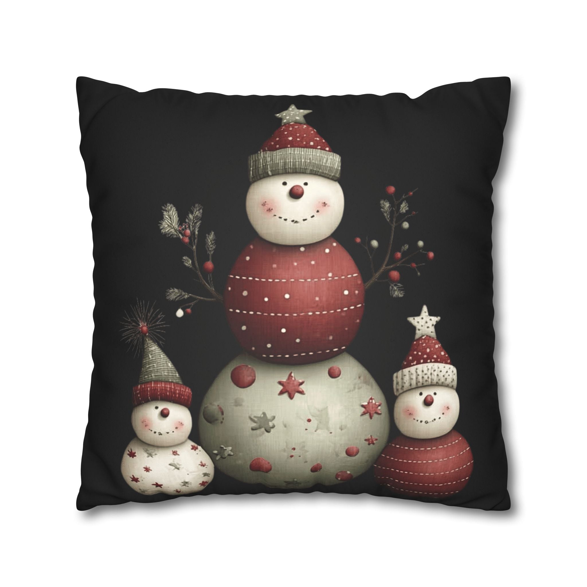 Christmas Snowman Faux Suede Pillowcase – Cute Stacked Snowmen Holiday Decor CHRISTMAS PILLOW DÉCOR