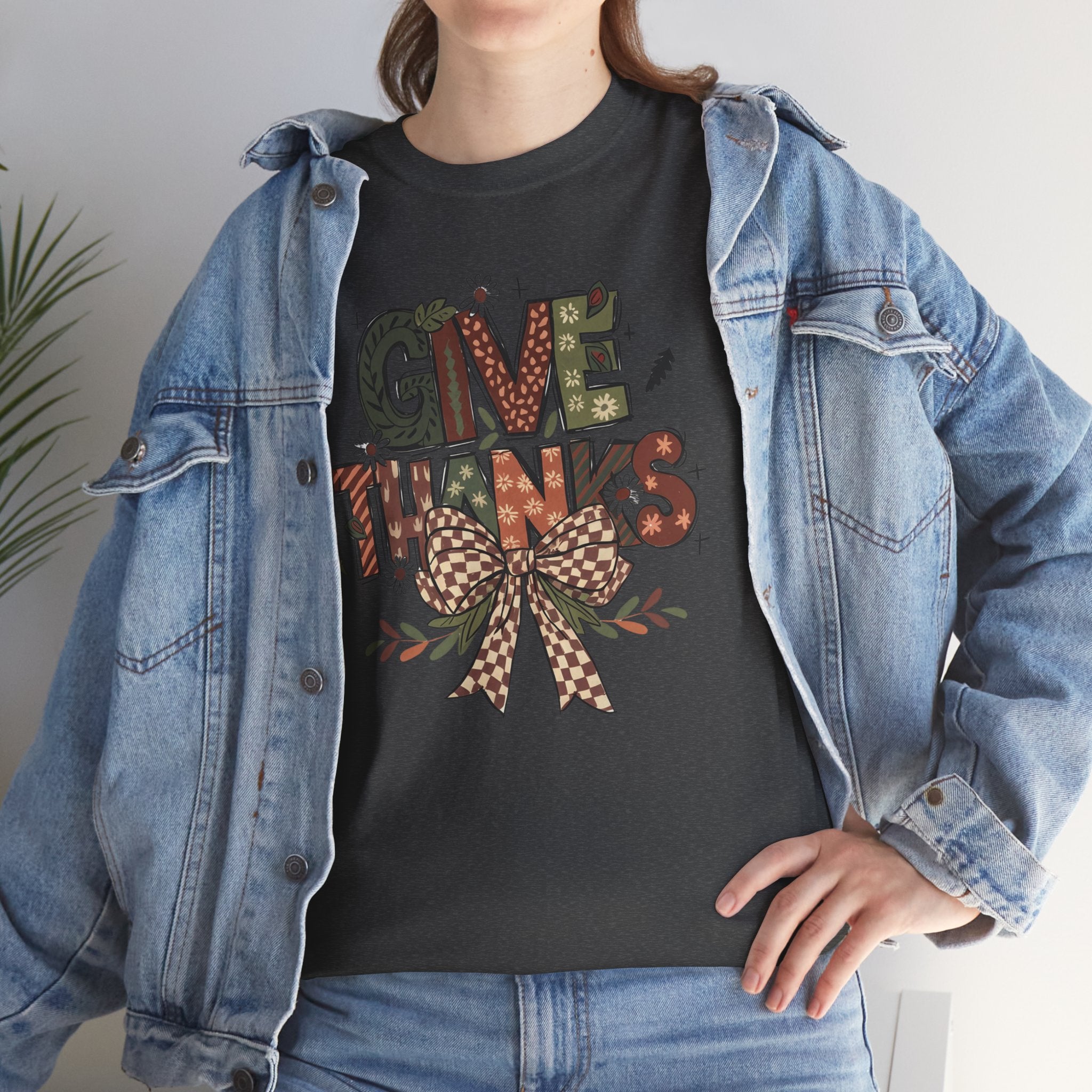Give Thanks Tee Thanksgiving Graphic T-Shirt with Rustic Bow Design