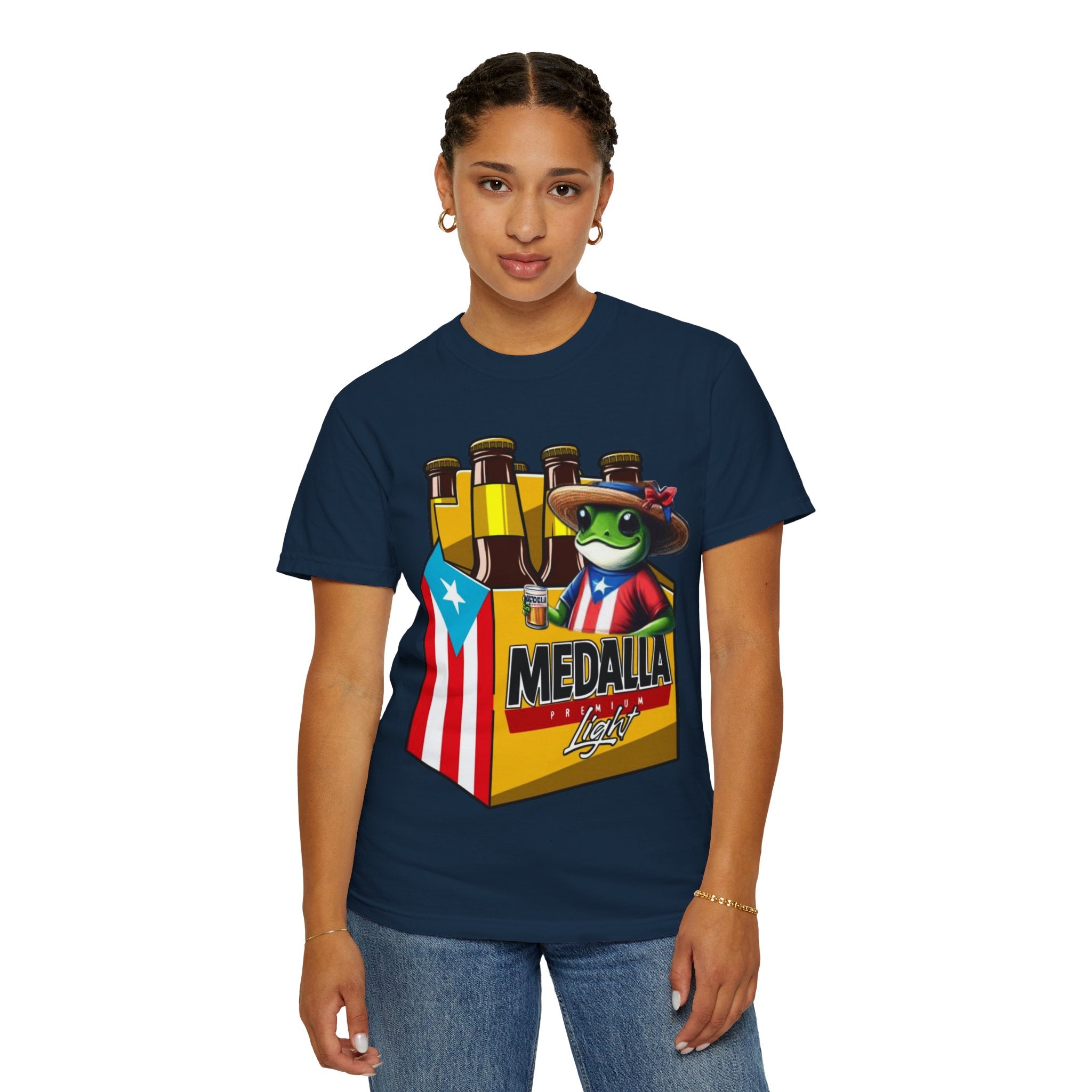 Medalla Light Puerto Rican Beer T-Shirt Coqui Frog Mascot Six-Pack Graphic Tee Puerto Rico’s Navidades