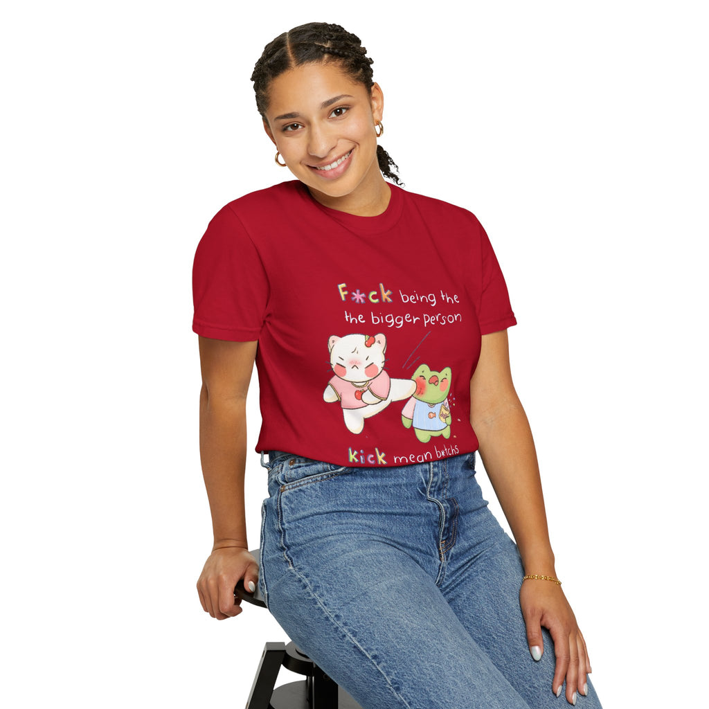 Graphic T-Shirt  Cute Kicking Cat & Frog with 'F*ck Being The Bigger Person' Slogan