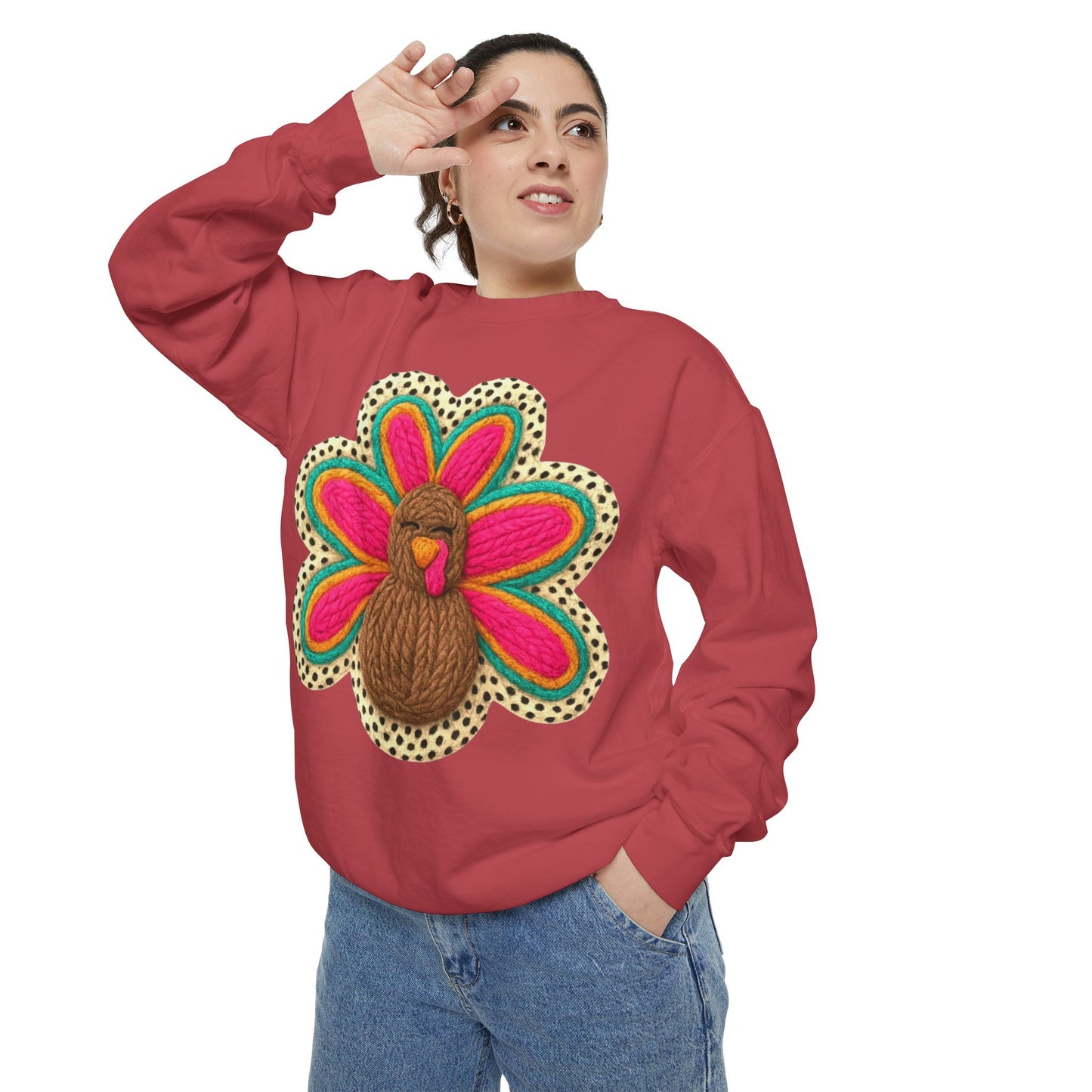 Festive Holiday Designs Turkey Patch Sweatshirt — Colorful Embroidered Thanksgiving Pullover